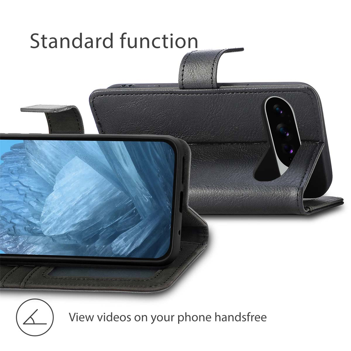 Custodia per smartphone in pelle nera con funzione di supporto integrata, mostrata da davanti e da dietro.
