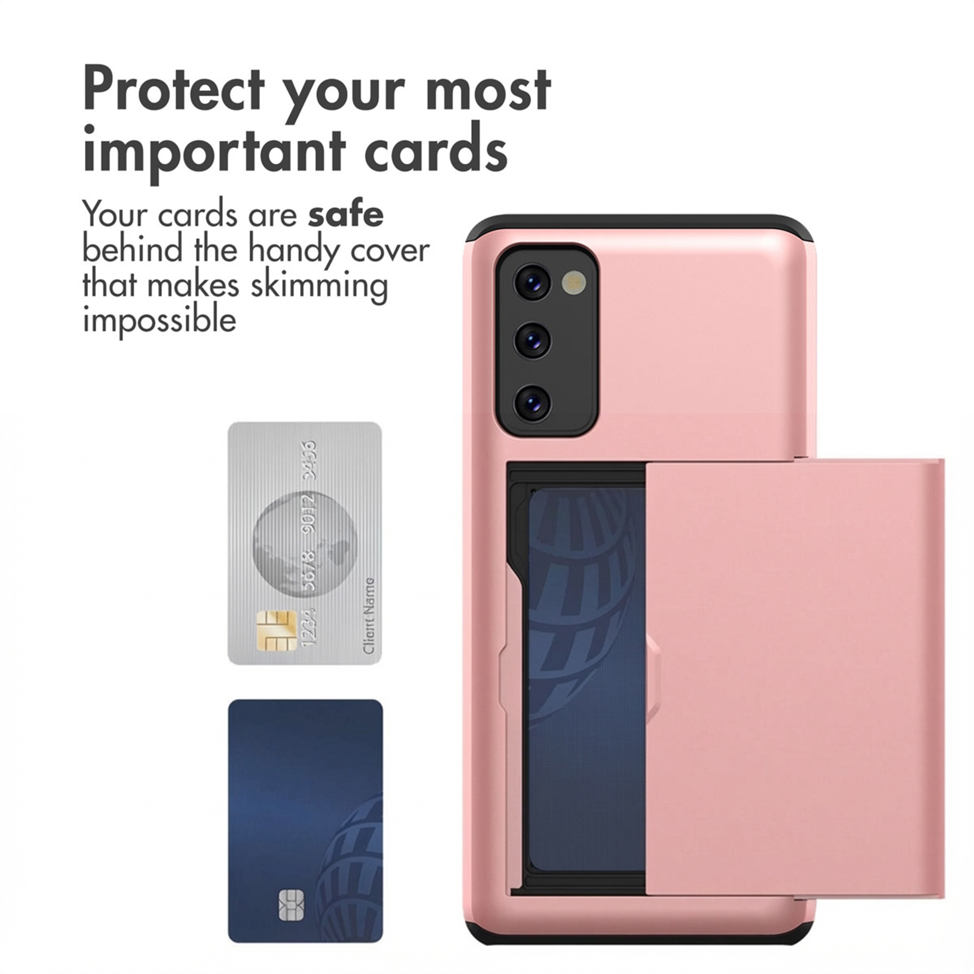 Coque de smartphone rose avec porte-carte coulissant, à côté de deux cartes de crédit.