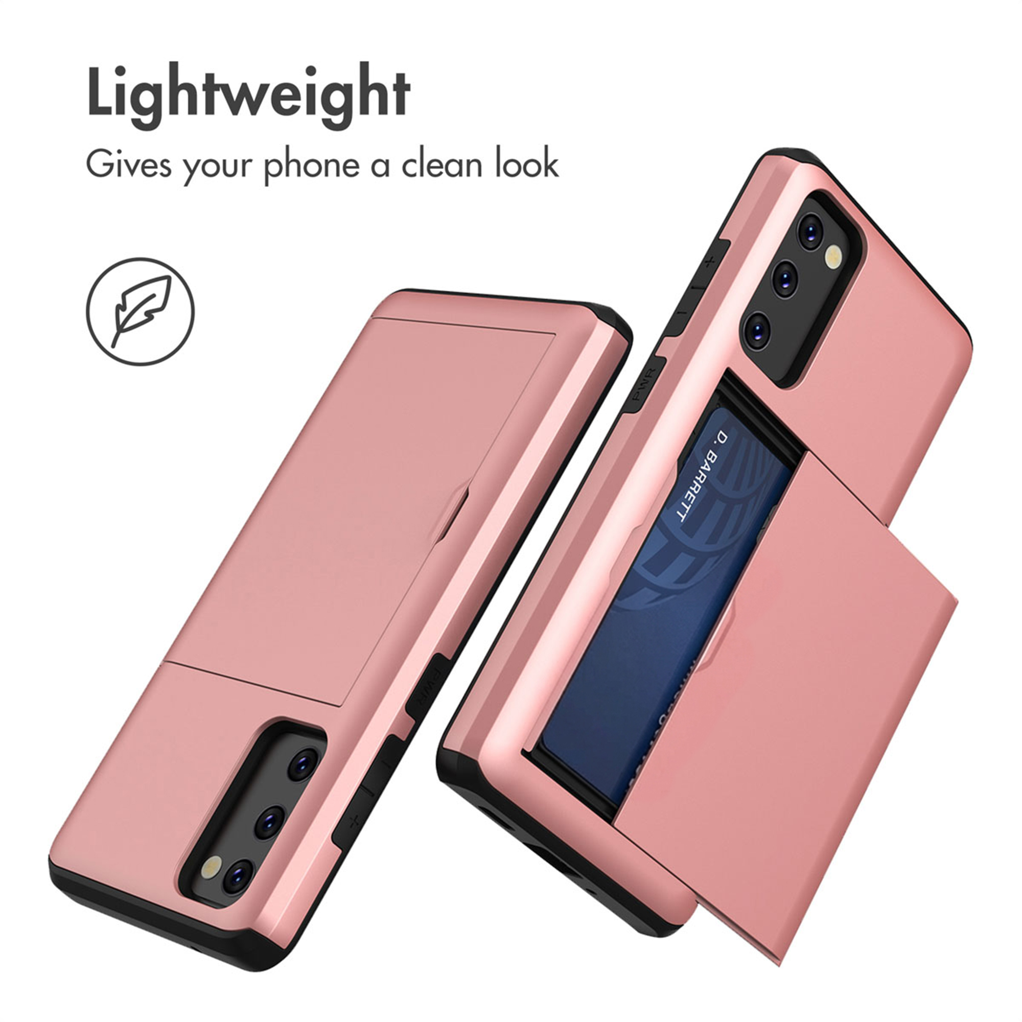 Deux coques de smartphone roses avec porte-cartes sur fond blanc, l'une contenant une carte.
