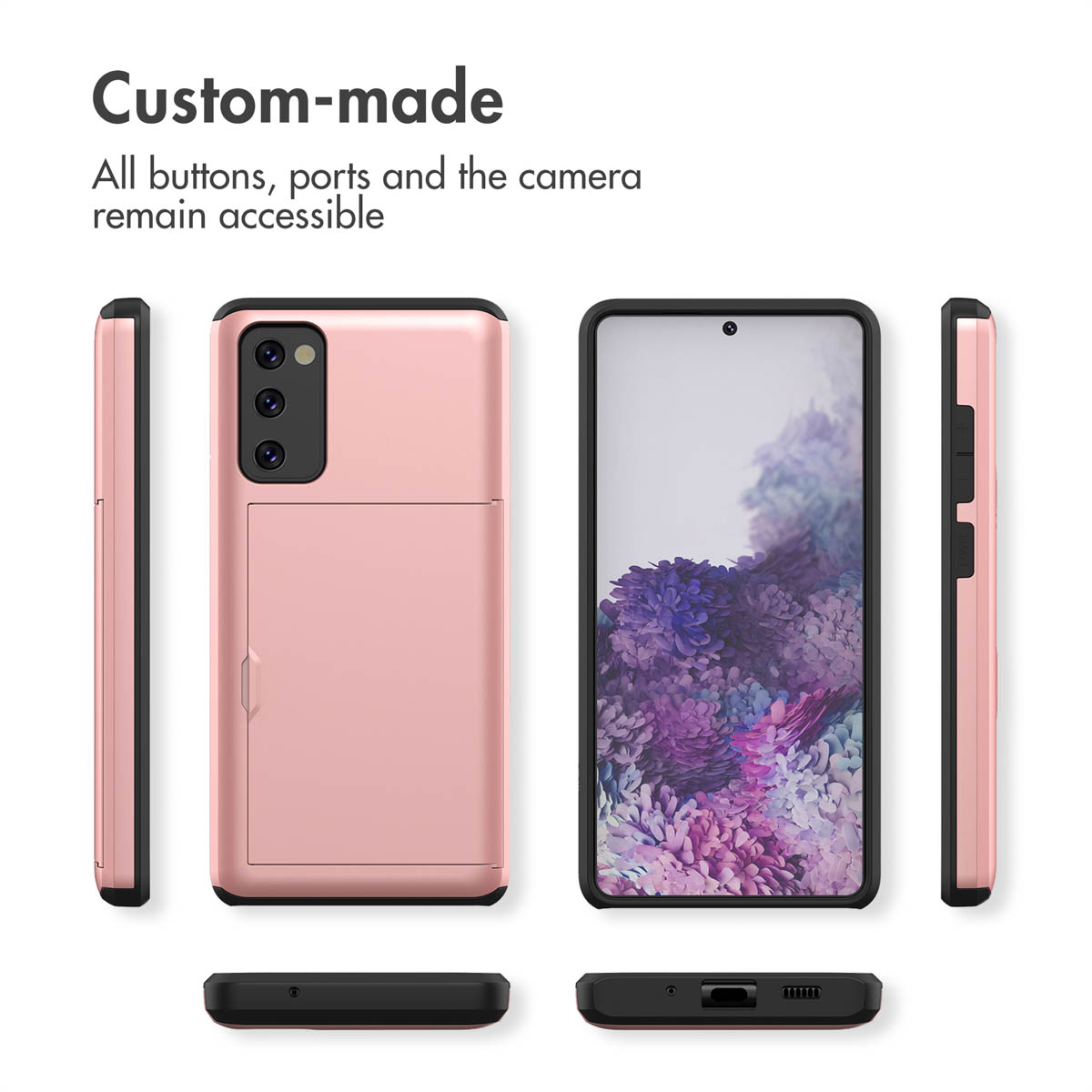 Coque de téléphone rose avec porte-cartes, montrant les vues avant, arrière et latérales.
