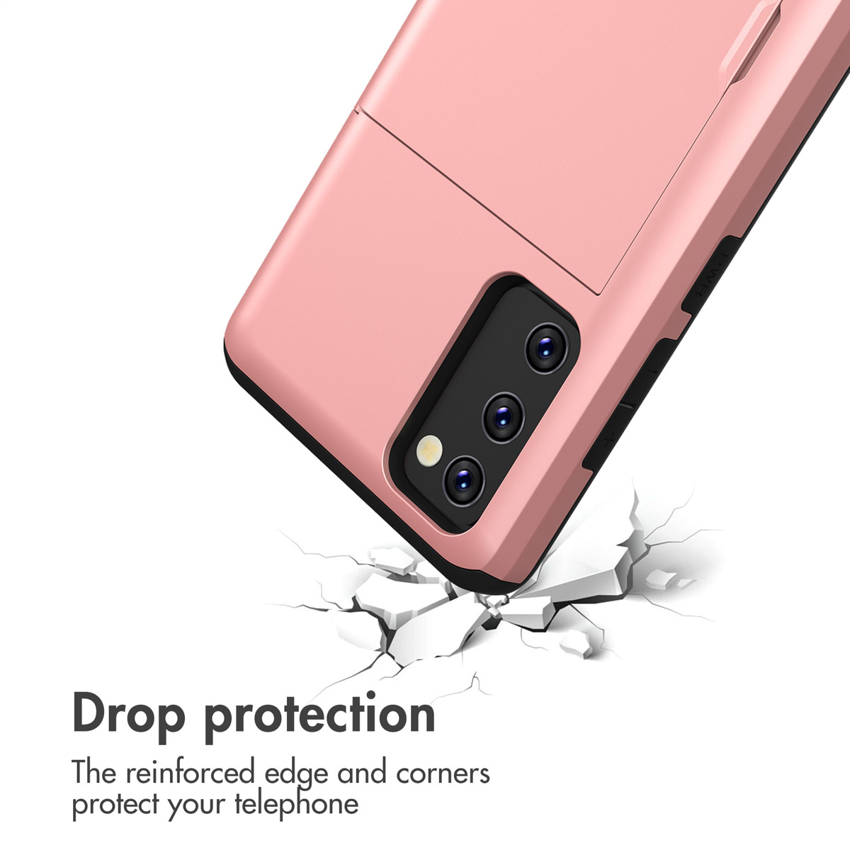 Coque de téléphone rose au-dessus d'un sol blanc craquelé, illustrant la protection.