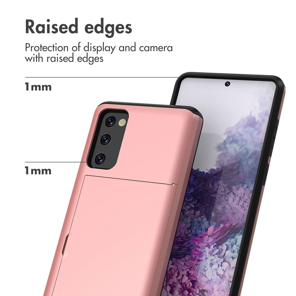 Coque de smartphone rose avec bords surélevés de 1 mm pour l'écran et l'appareil photo, vue de face et de dos.