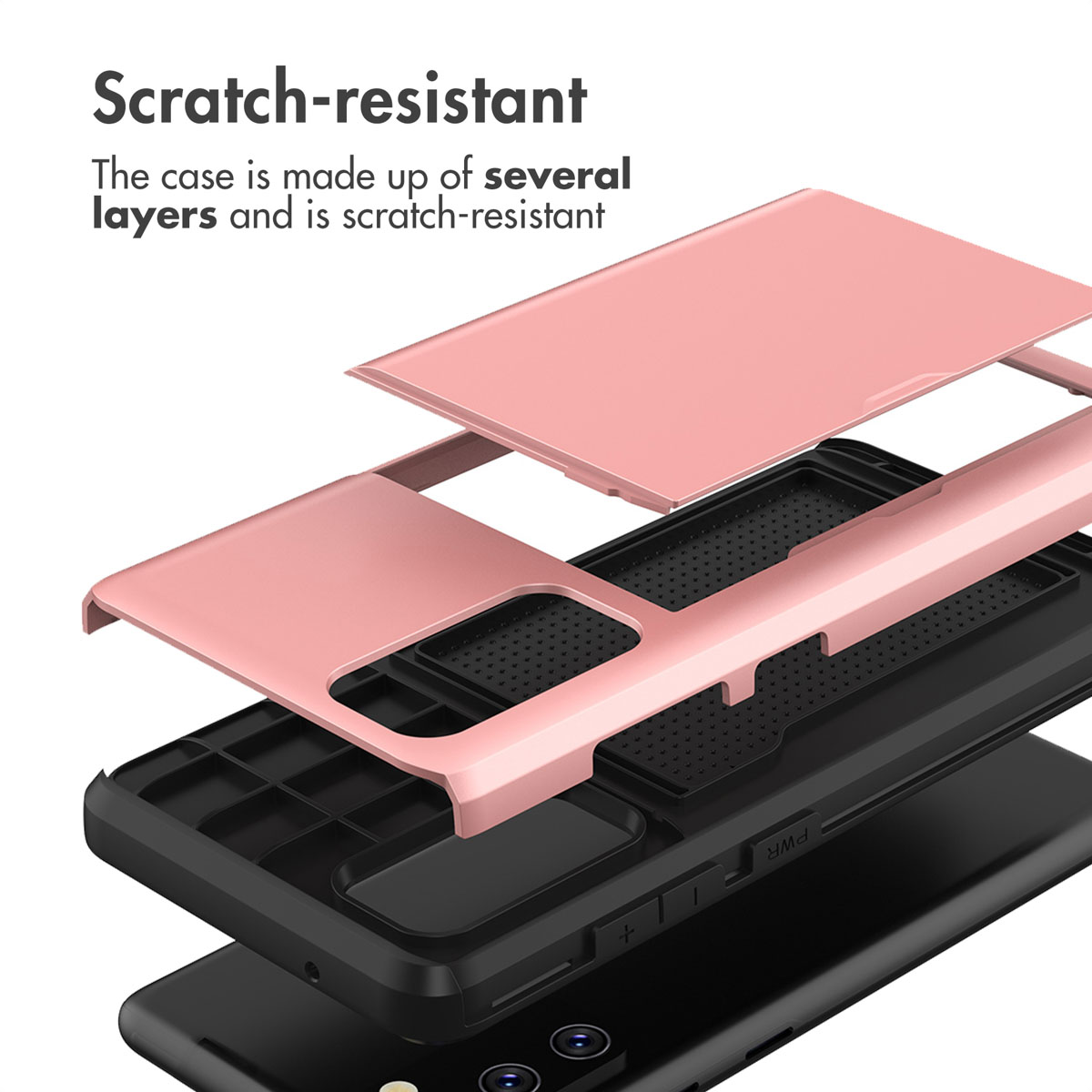 Vue éclatée d'un smartphone montrant plusieurs couches de protection et une coque rose résistante.