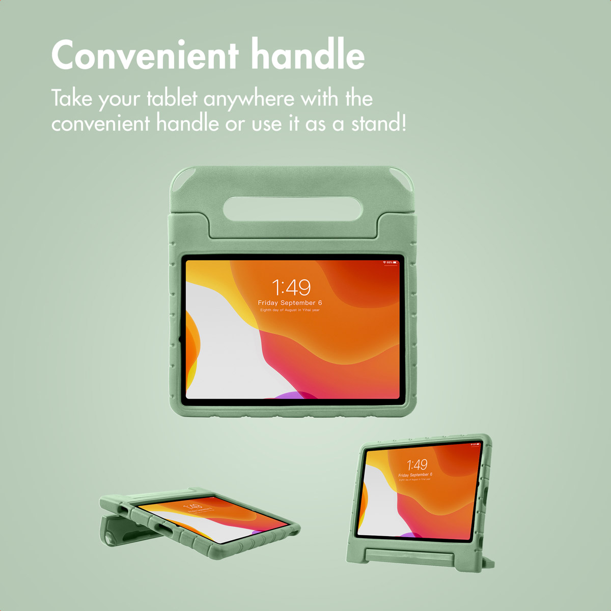 A green tablet case with a handle and stand feature, shown in three different views against a green background.