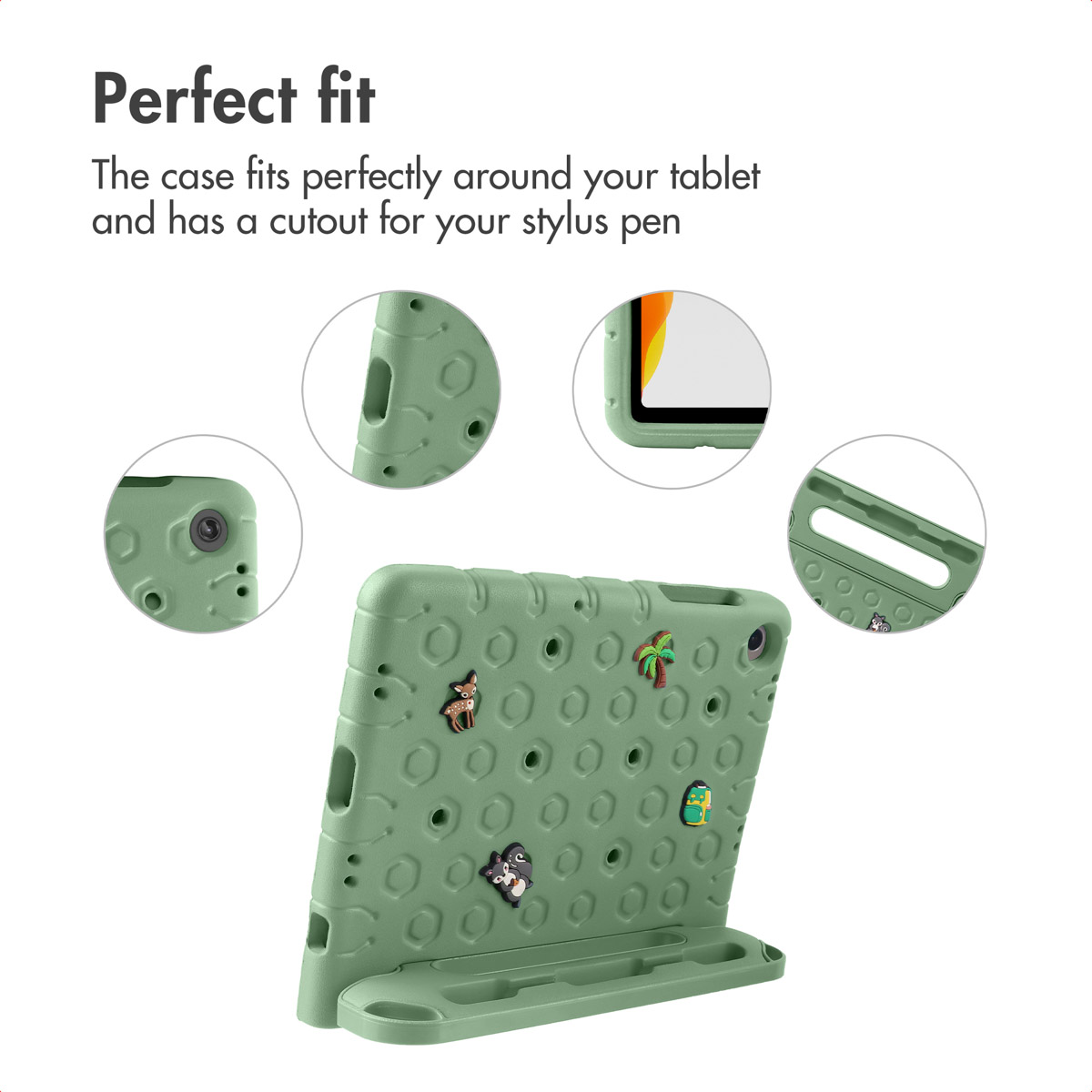Green tablet case with patterns, stylus holder, and four zoomed-in detail views.