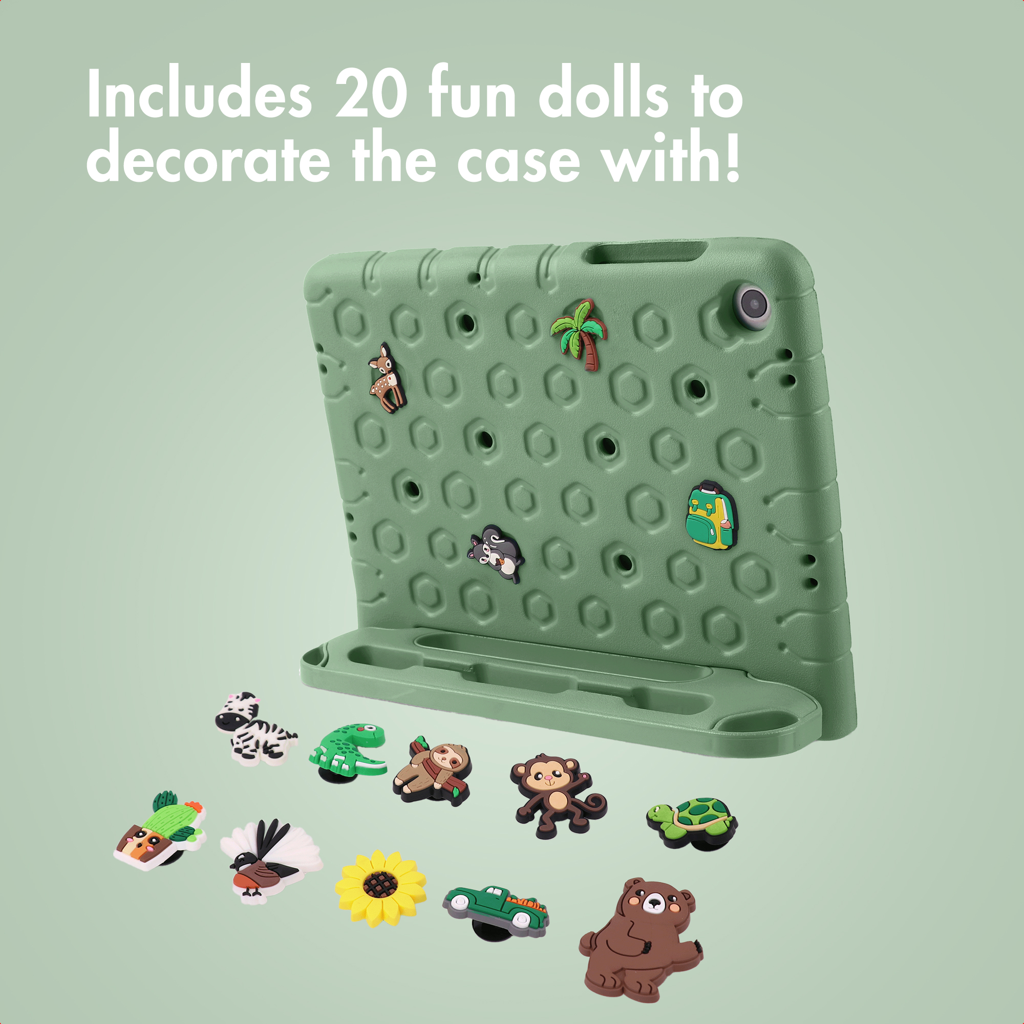 Green tablet case with a hexagonal pattern and cute decorative charms.