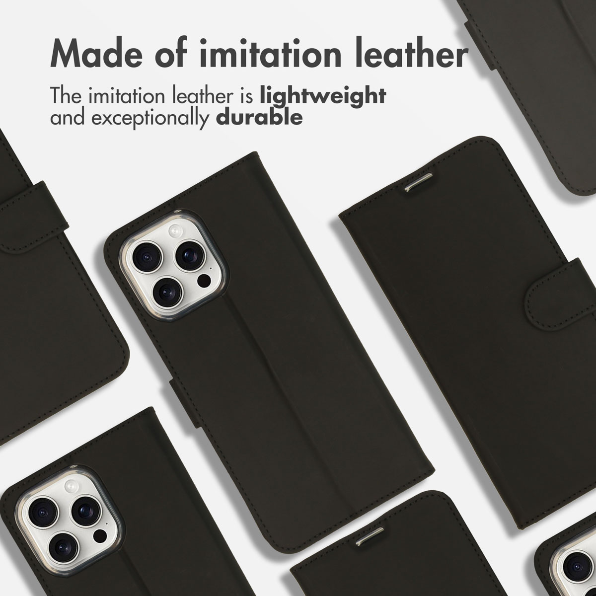 Mehrere schwarze Kunstledertaschen für Mobiltelefone auf hellem Hintergrund mit Text.