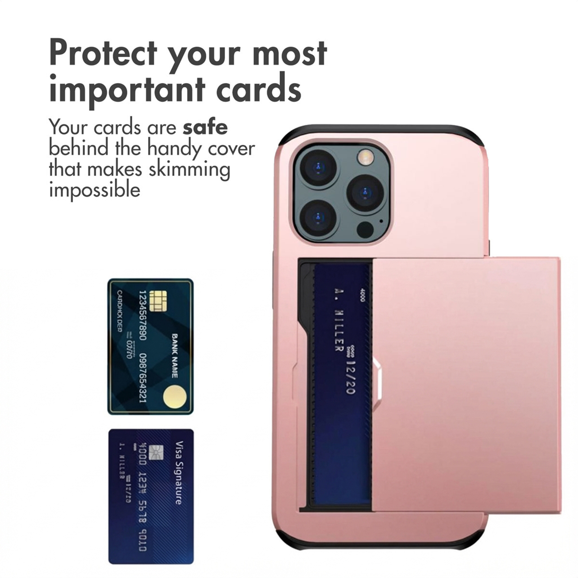 Une coque de téléphone rose avec un compartiment à cartes intégré à l'arrière et deux cartes de crédit.