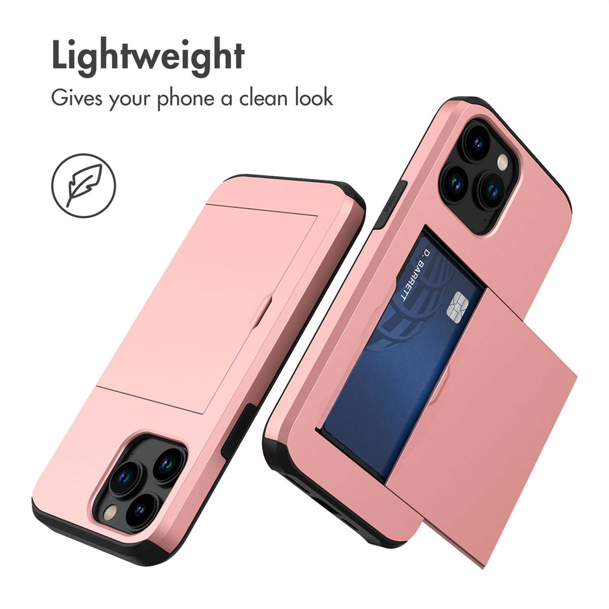 Deux coques roses avec porte-cartes, l'une montrant une carte de crédit, texte Léger.