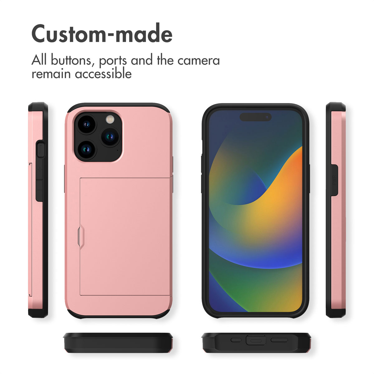Coque rose avec porte-carte montrant divers angles et des boutons et ports accessibles.