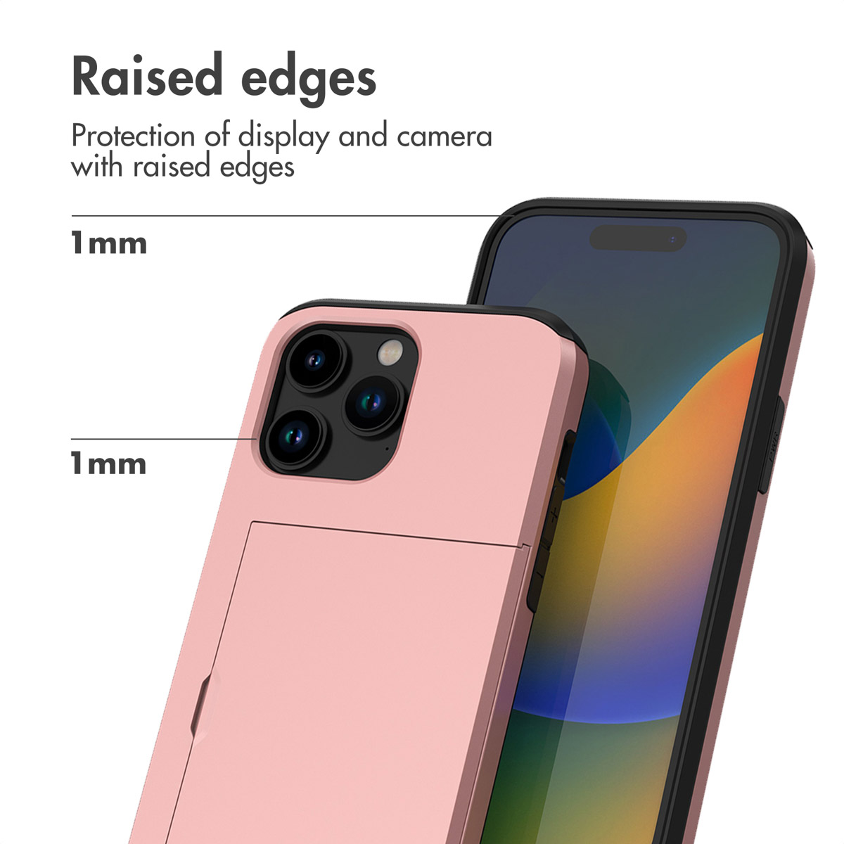 Un smartphone rose dans une coque de protection avec des bords surélevés de 1 mm pour l'écran et l'appareil photo.