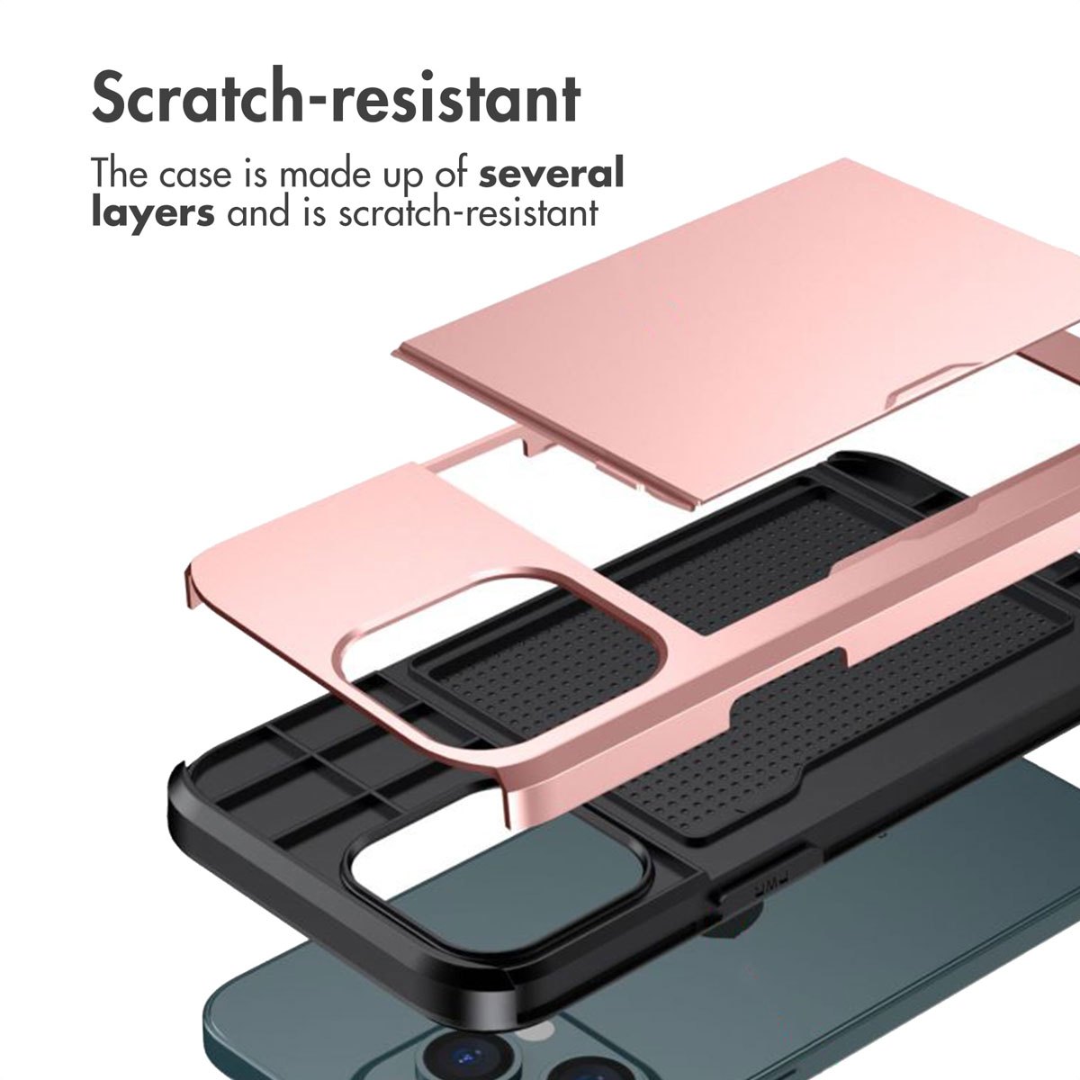 Vue éclatée d'une coque de téléphone multicouche résistante aux rayures en rose et noir.