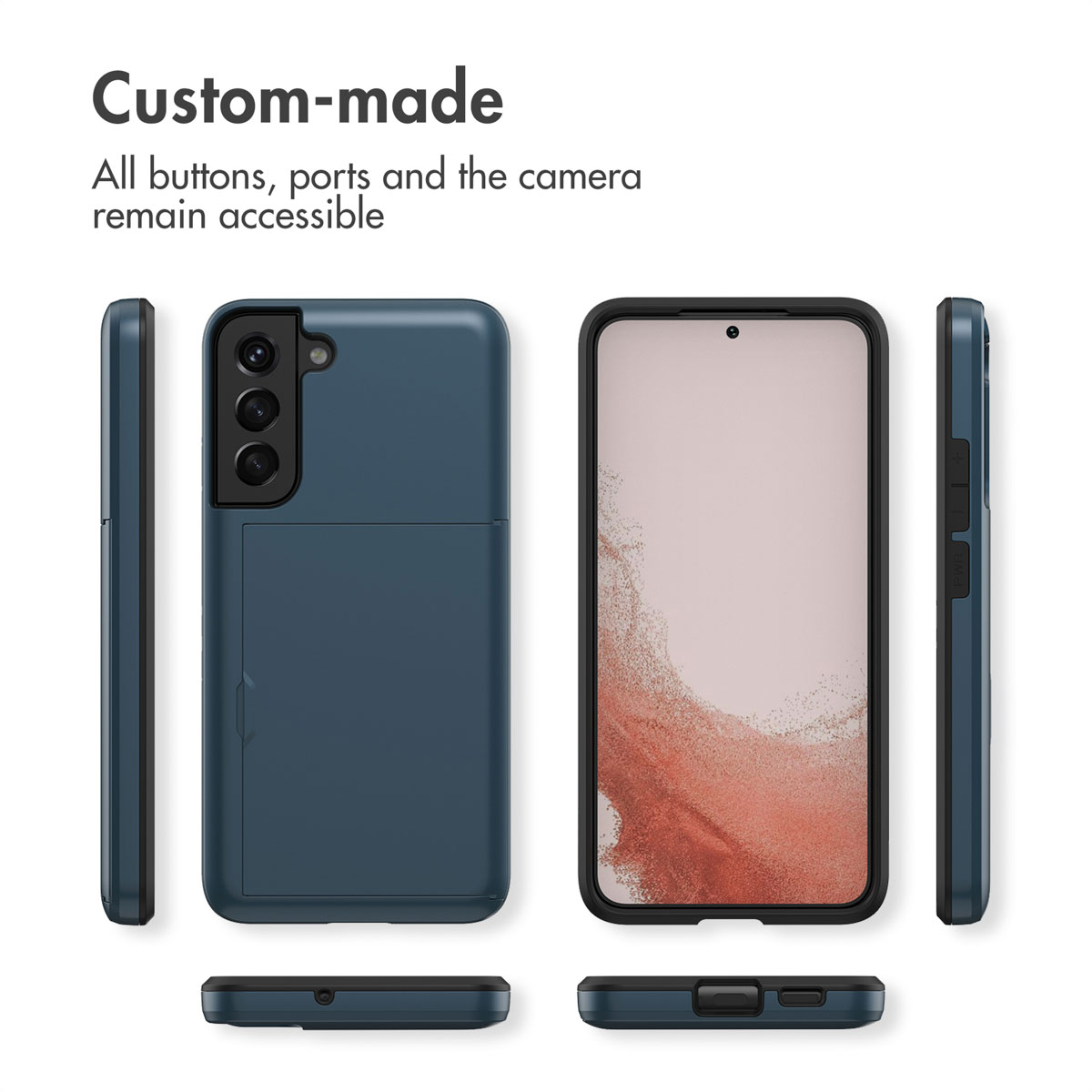 Coque de téléphone bleue sous plusieurs angles, montrant les boutons, ports, appareil photo et fente.