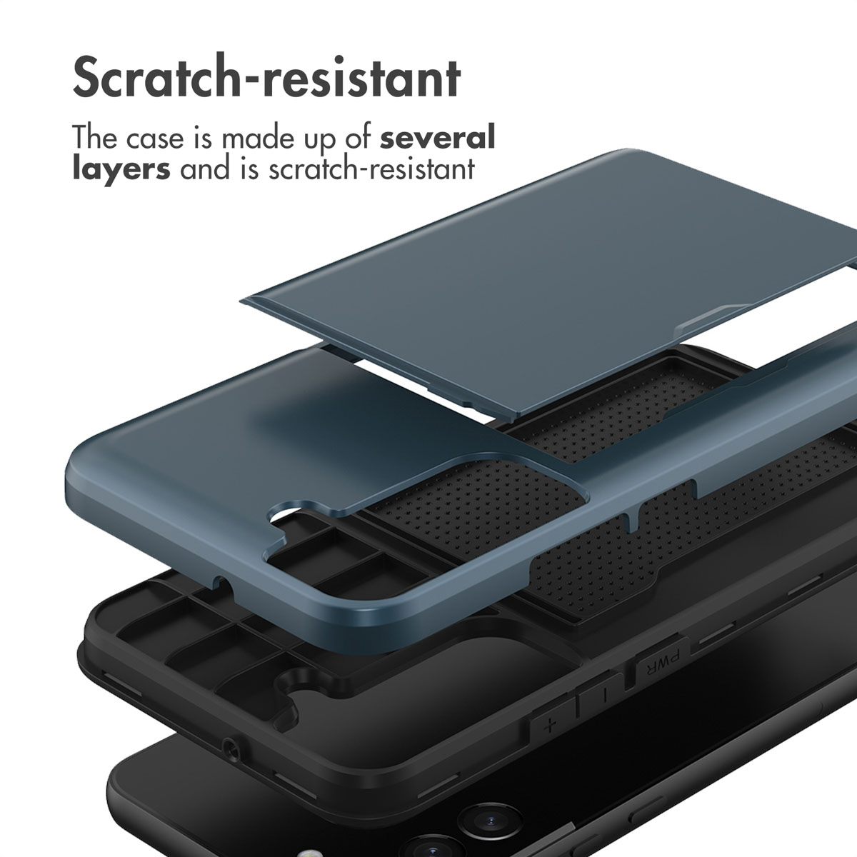 Vue éclatée d'une coque de téléphone bleue et noire multicouche et résistante aux rayures.