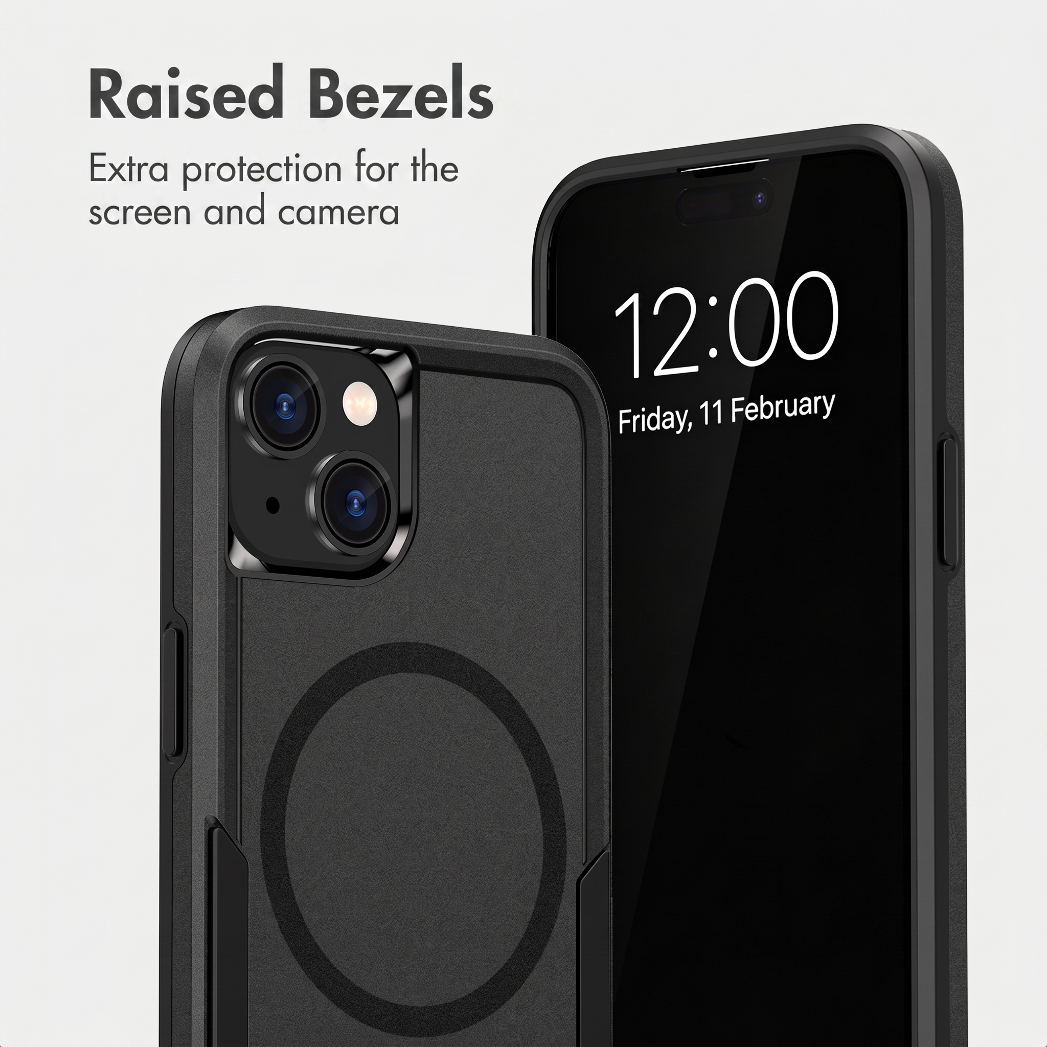 Twee zwarte telefoonhoesjes tonen verhoogde randen voor scherm- en camerabescherming.