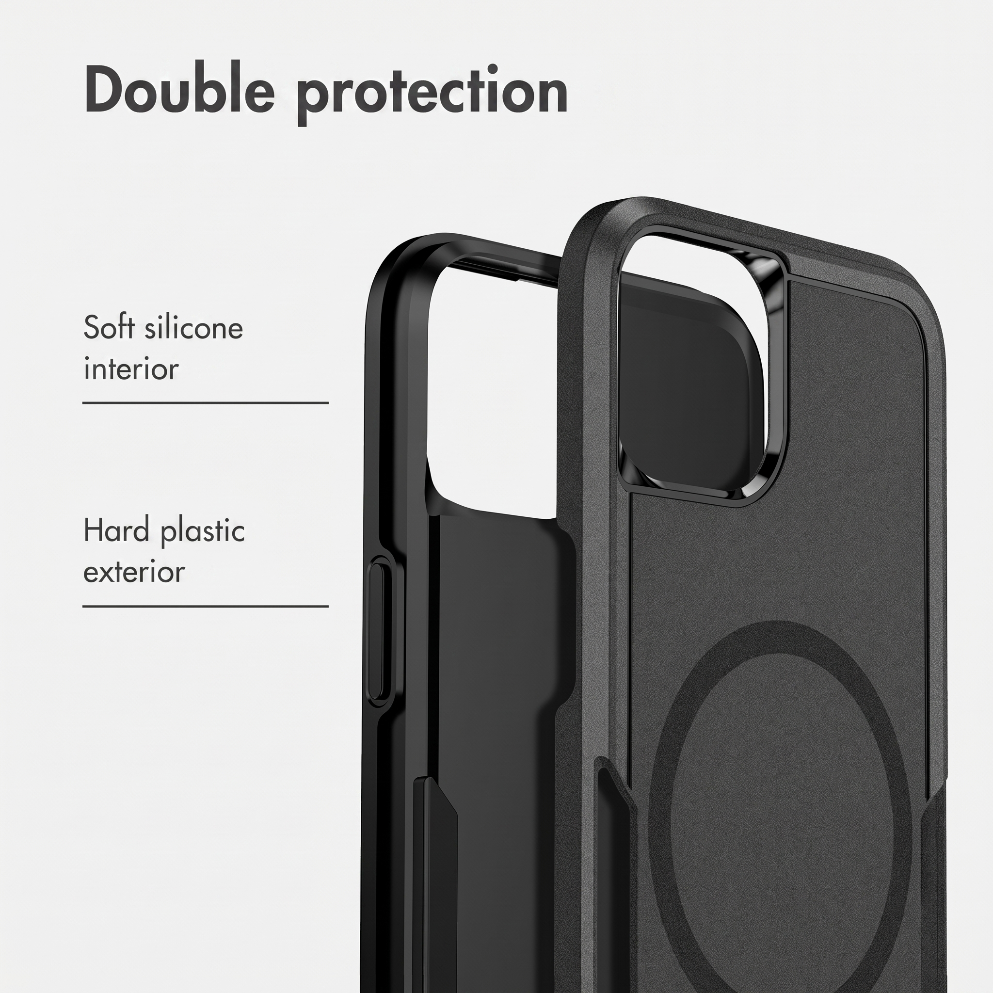 Zwarte telefoonhoes met zachte siliconen binnenzijde en harde plastic buitenzijde.