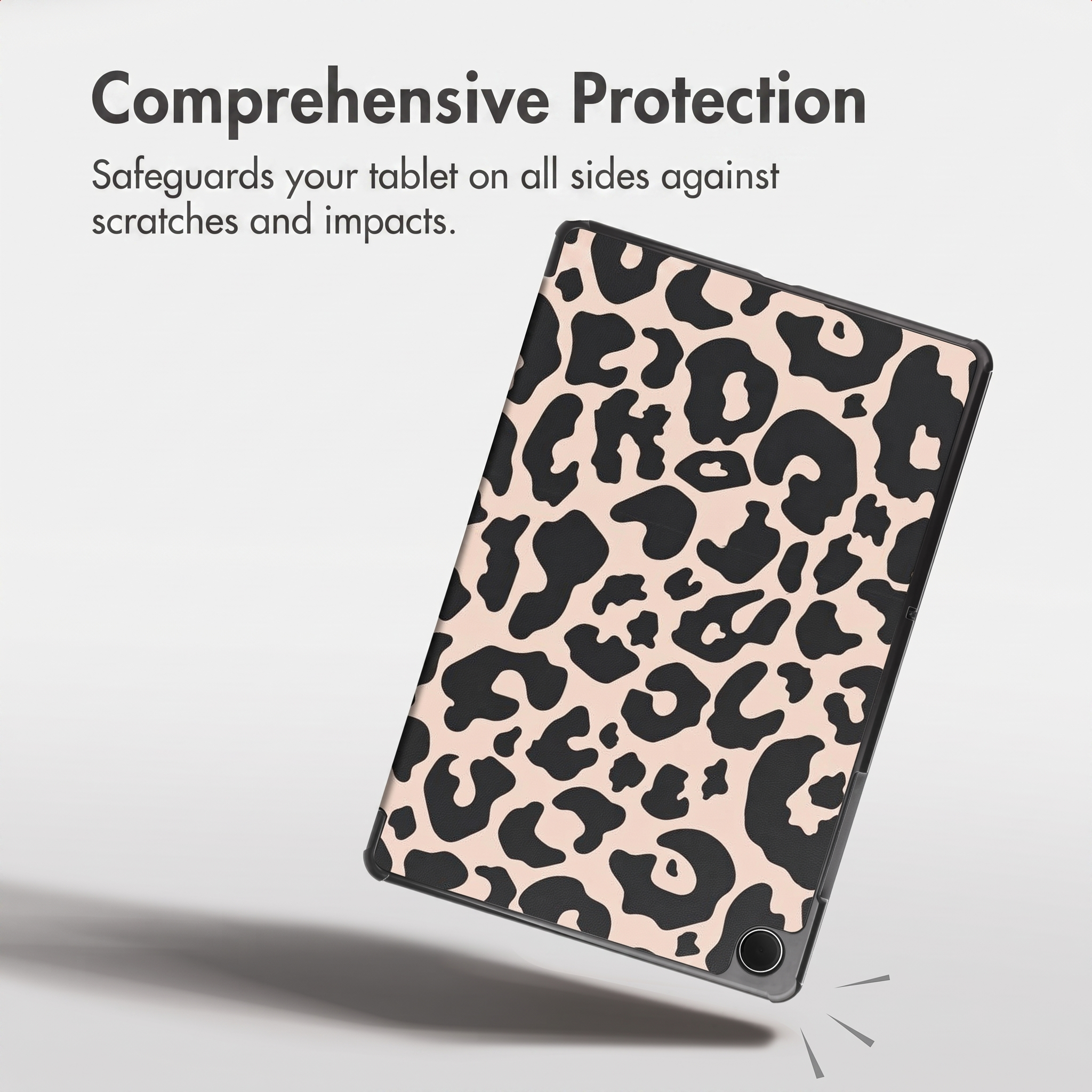 A tablet in a leopard-print case with text about comprehensive protection.