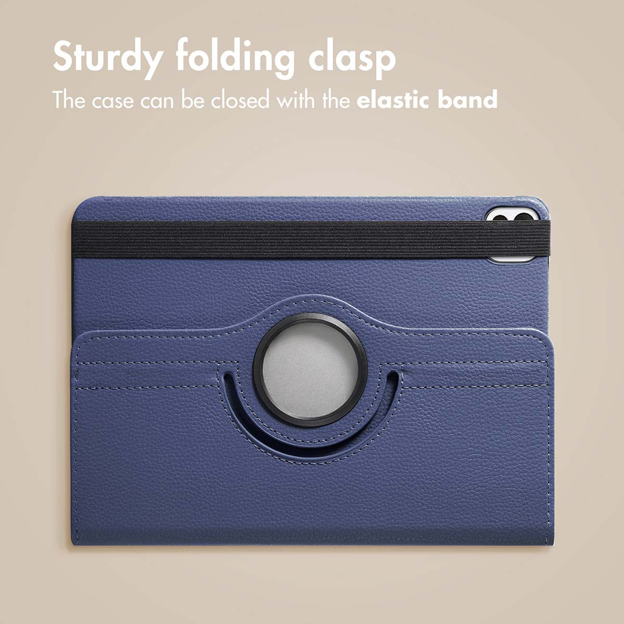 Blue tablet case featuring a black elastic band and circular clasp.