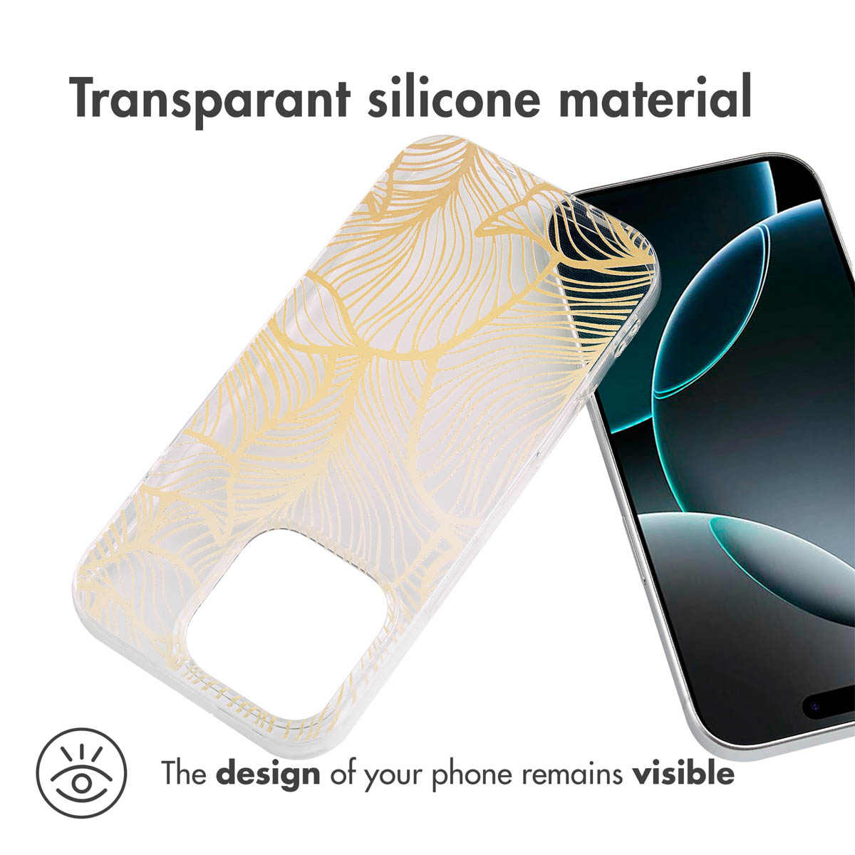 Transparente Silikon-Handyhülle mit goldenem Palmenblatt-Muster neben einem Smartphone.