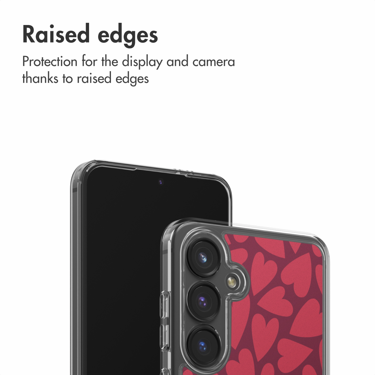 Funda para teléfono con patrón de corazones rojos y bordes elevados.