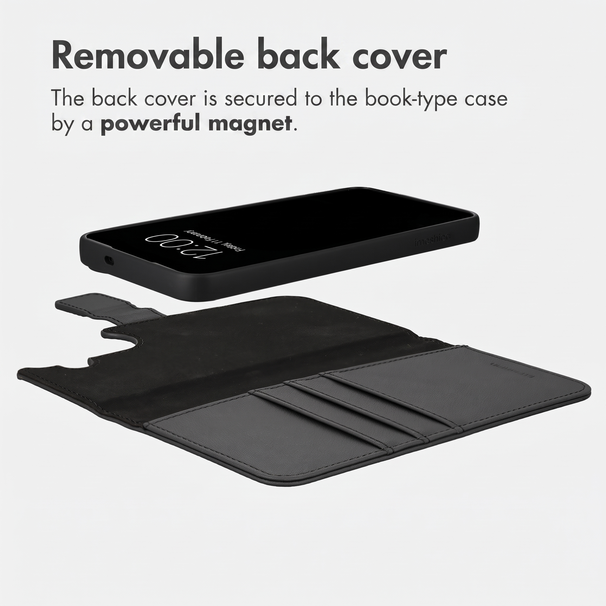 Eine schwarze Handytasche mit abnehmbarem Cover und Kartenfächern.