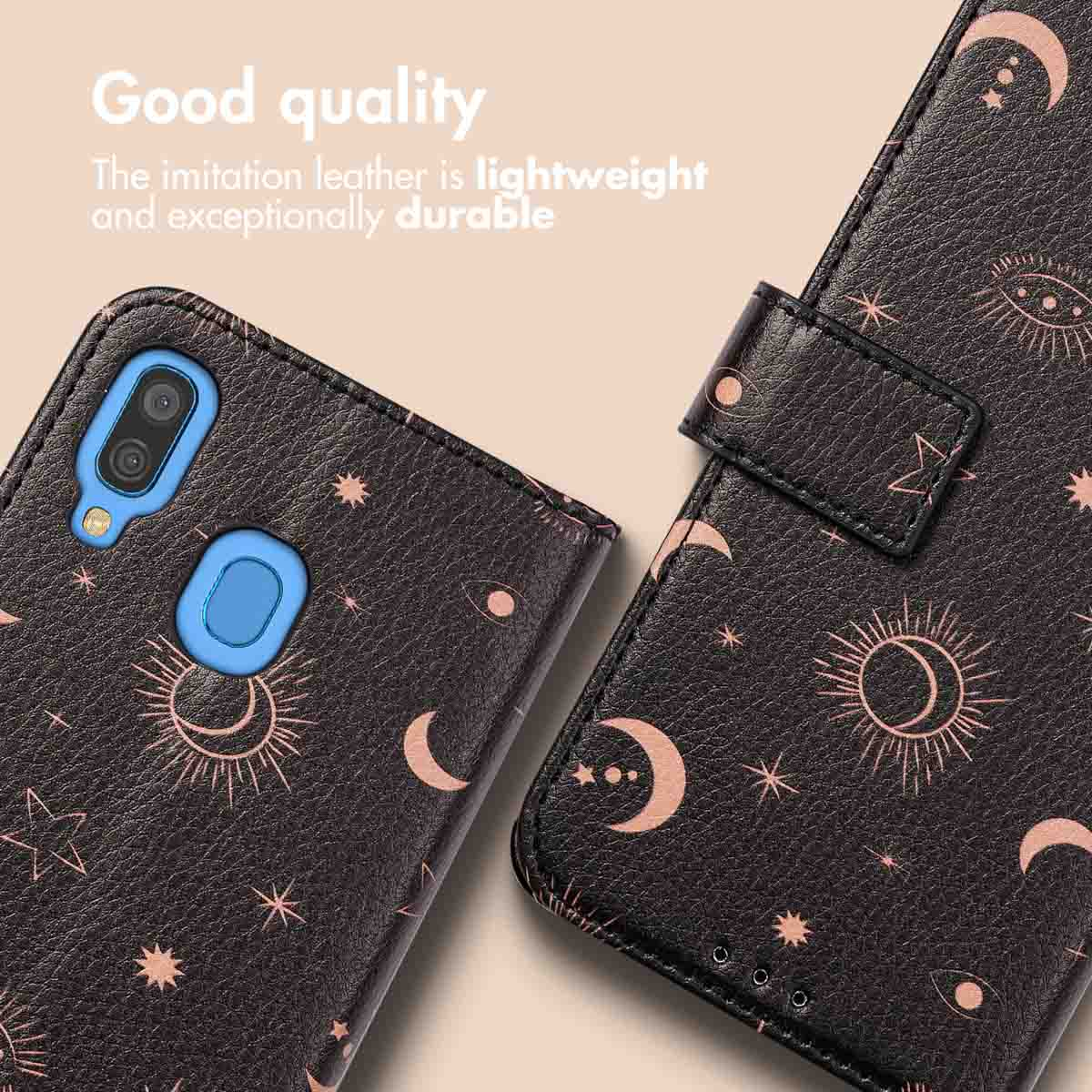 Custodia per telefono in ecopelle nera con stelle e lune.