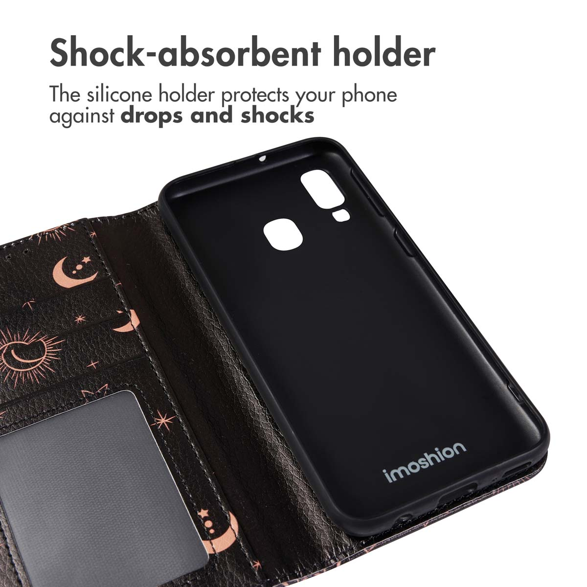 Custodia per telefono nera con stelle e lune in oro rosa, supporto in silicone antiurto e tasca per carte.