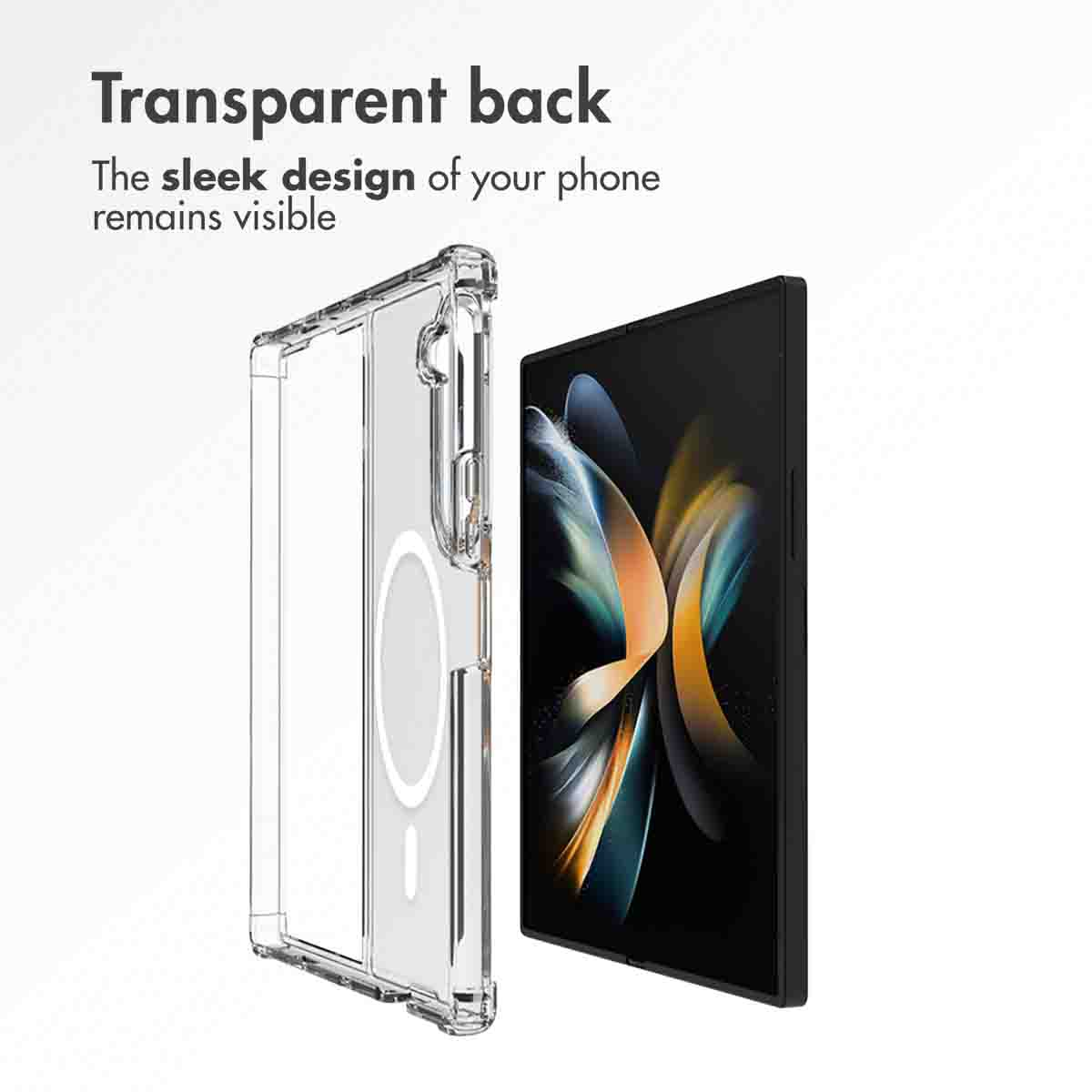 Fundador de teléfono transparente con anillo MagSafe y smartphone negro.