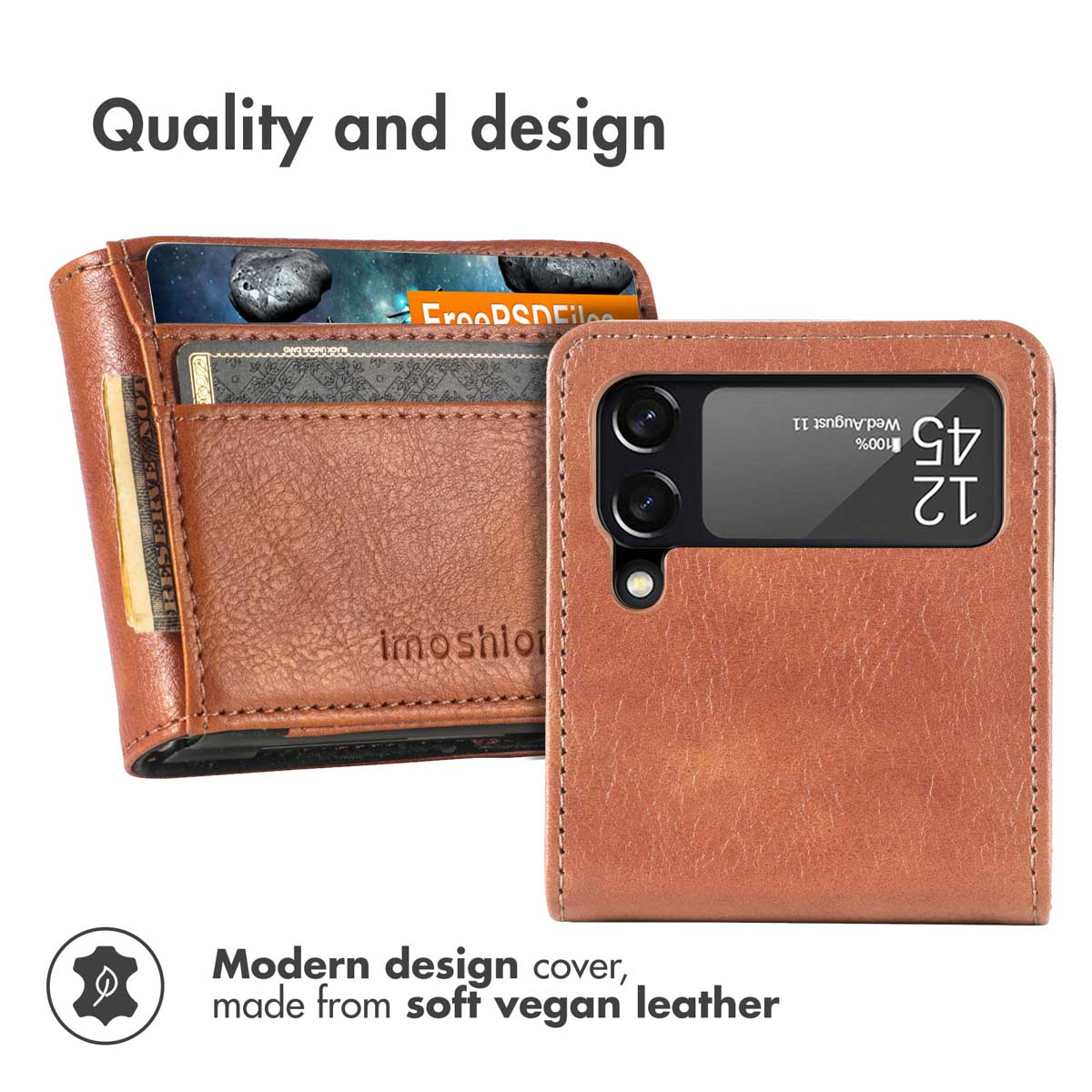 Coque de téléphone en cuir vegan marron avec fentes pour cartes intégrées, sur fond blanc.