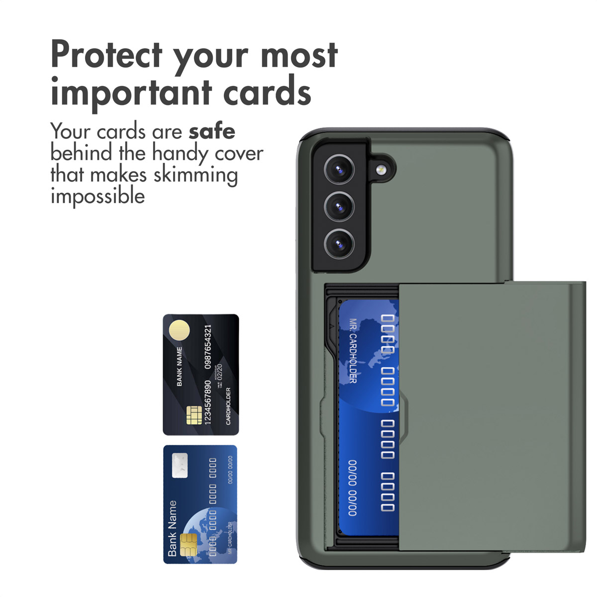 Coque de téléphone verte avec porte-cartes intégré anti-piratage, présentée avec deux cartes.