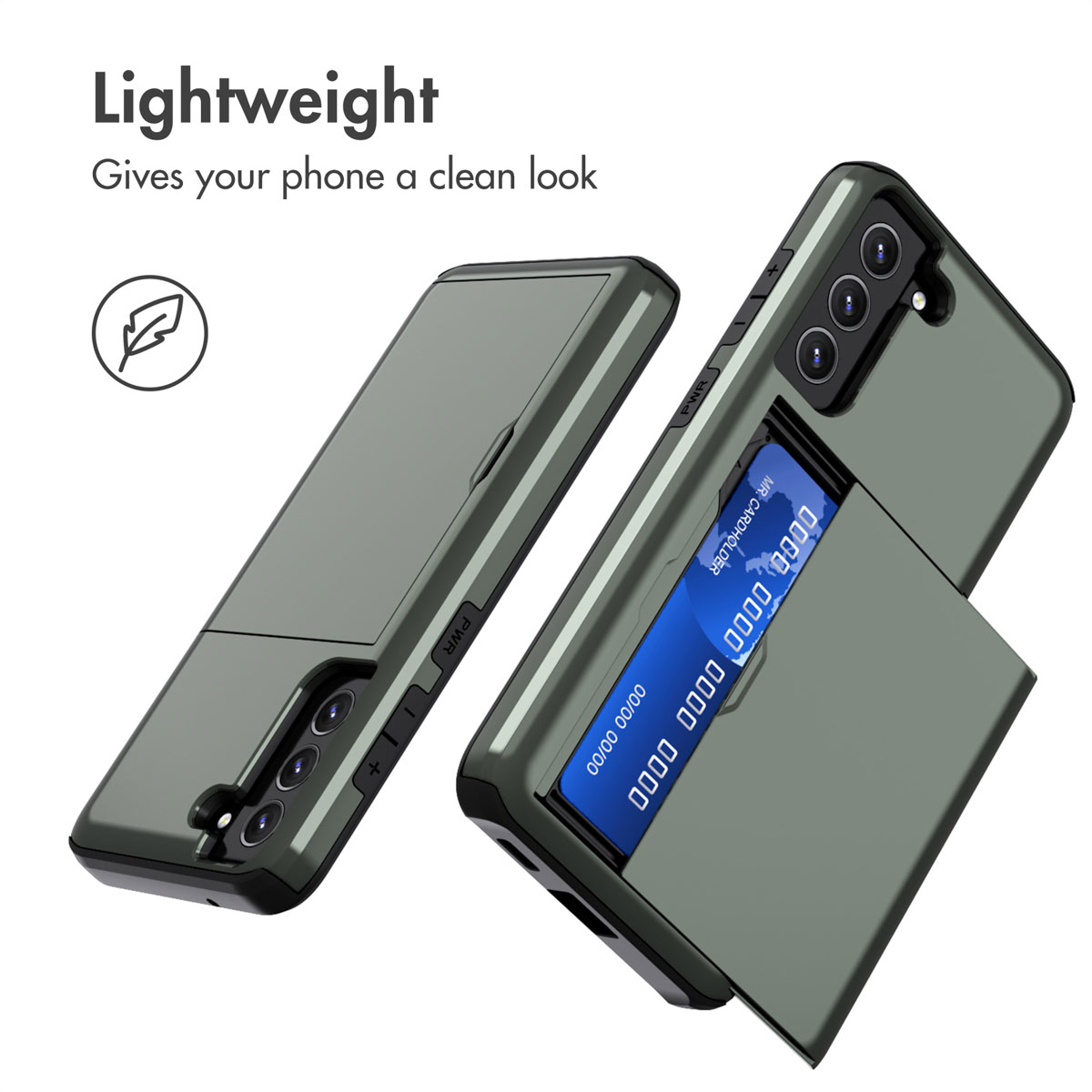 Coque de téléphone verte avec porte-carte intégré et texte.