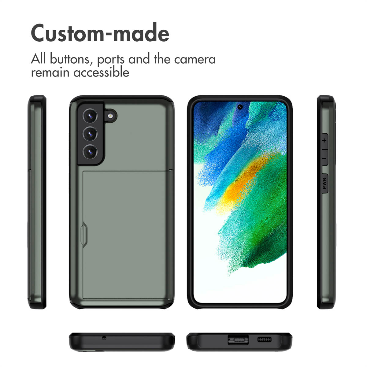 Plusieurs angles d'une coque de téléphone verte avec porte-cartes à l'arrière.