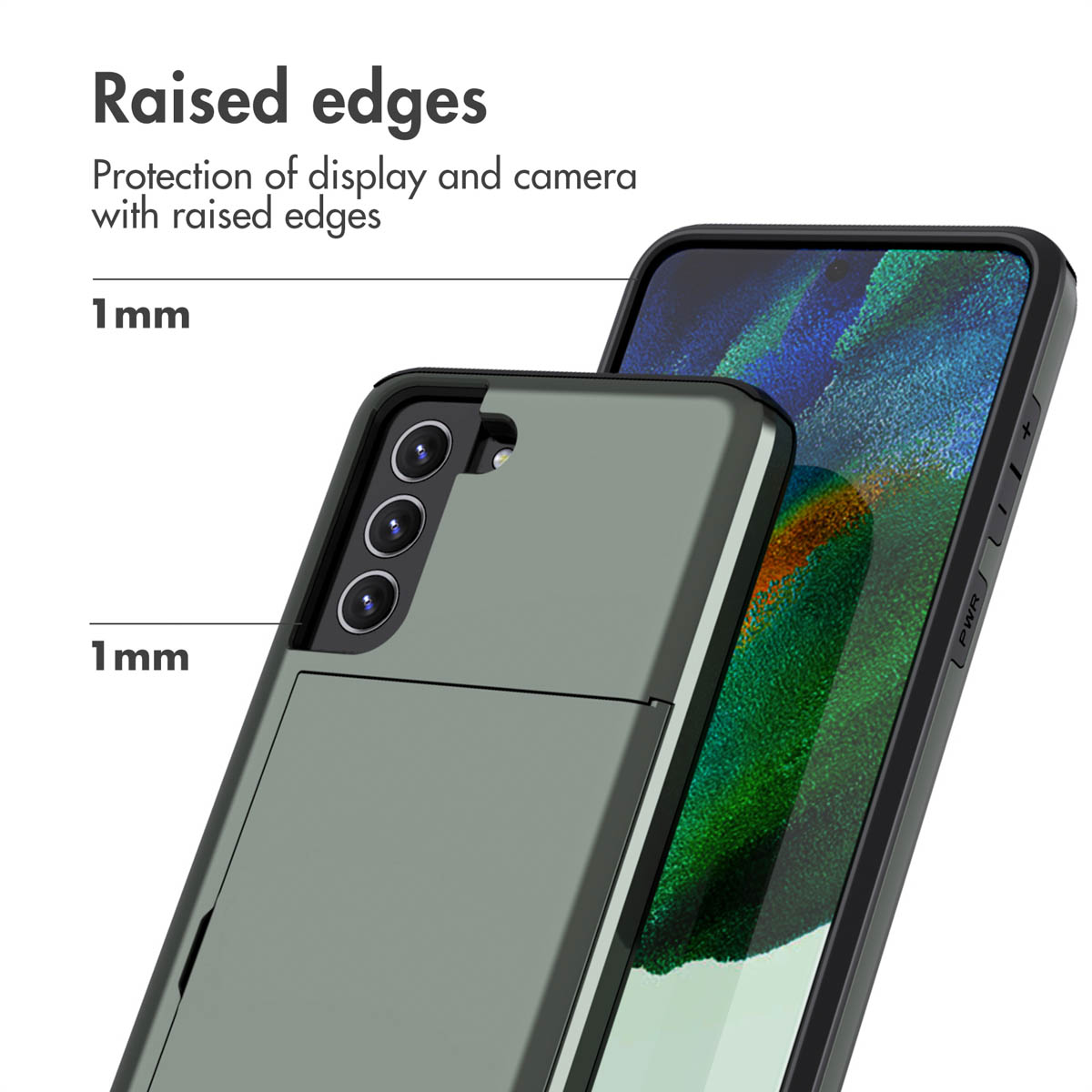 Smartphone dans une coque grise avec porte-cartes et bords surélevés protégeant l'écran et l'appareil photo.