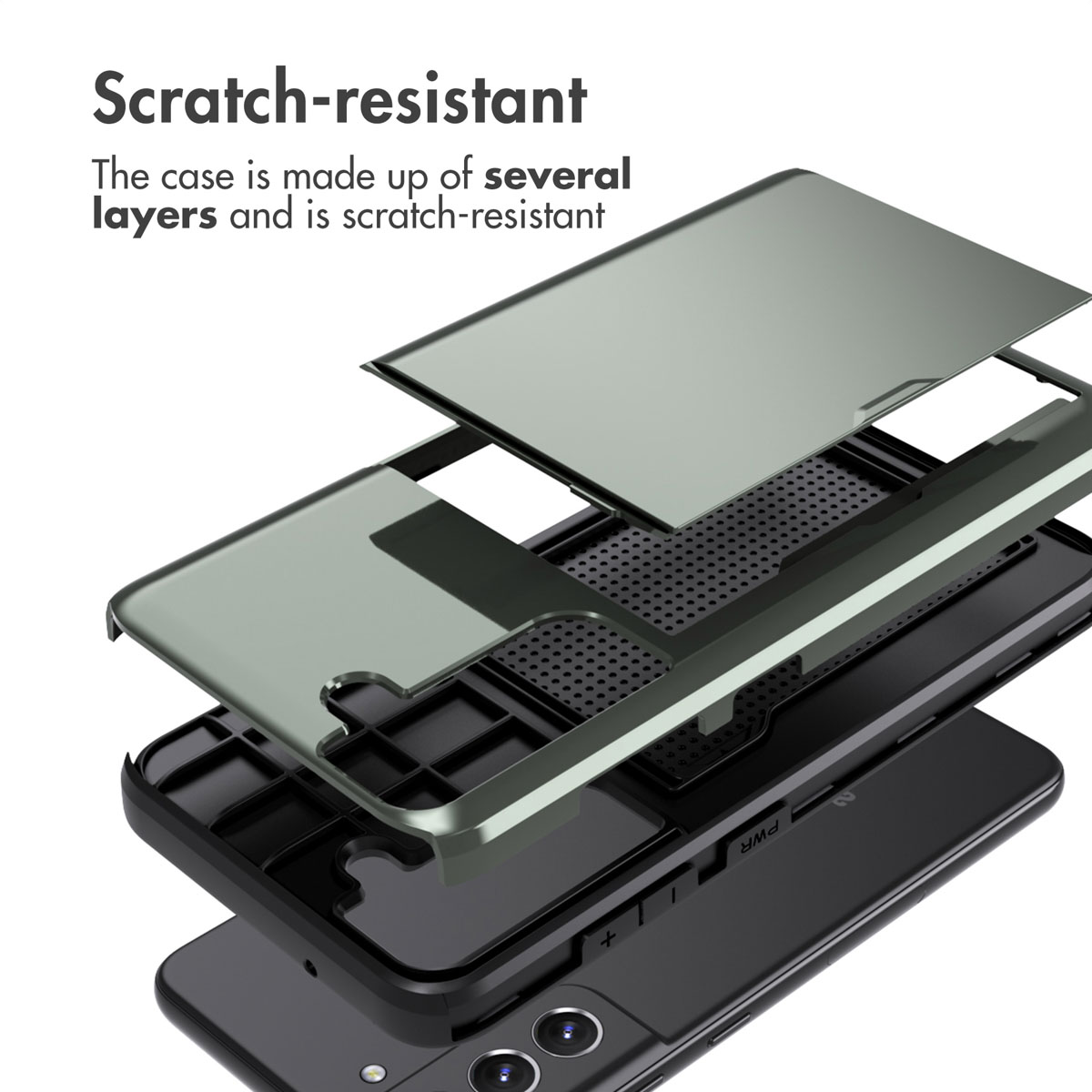 Vue éclatée d'un smartphone et de sa coque de protection multicouche résistante aux rayures.