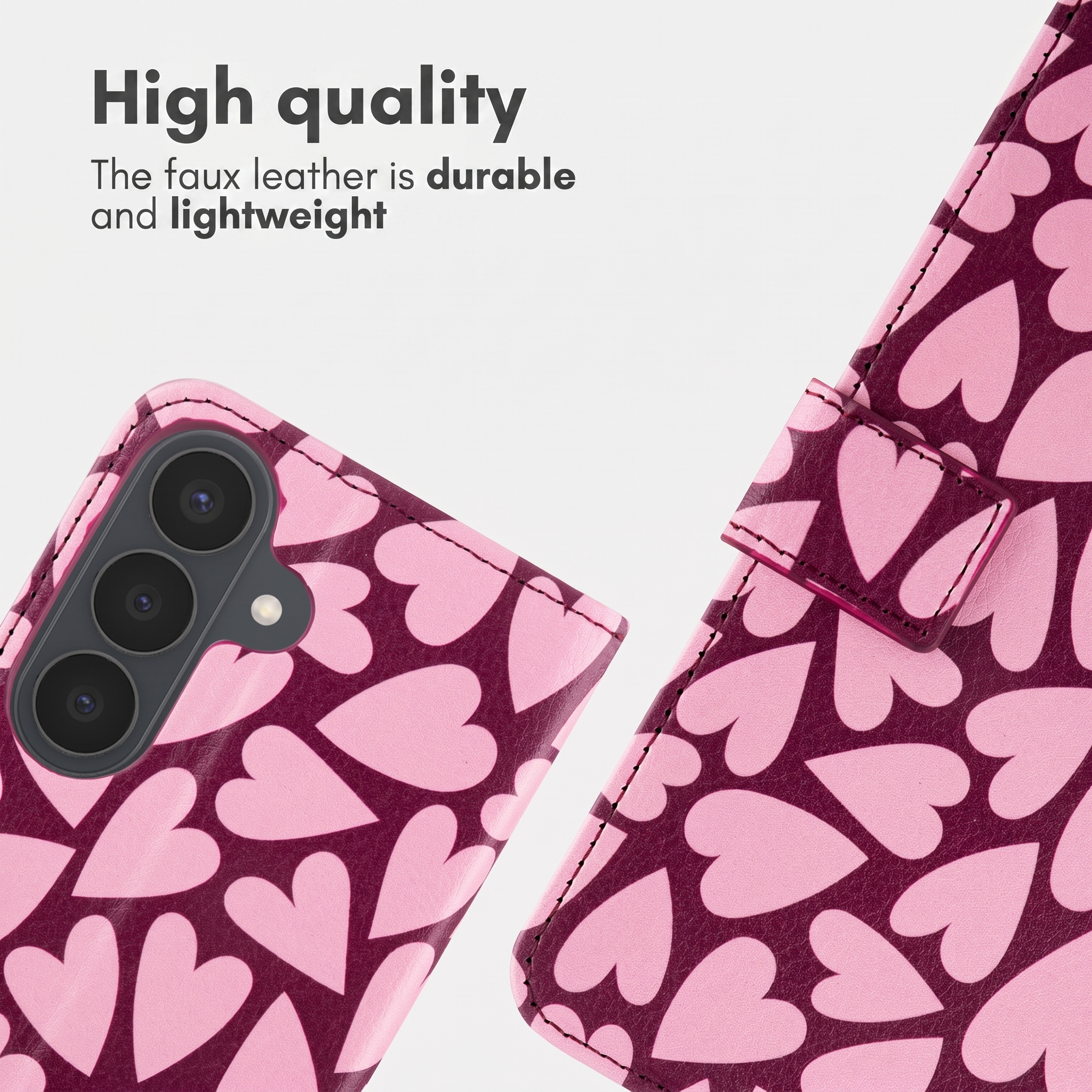 Roze en bordeauxrode kunstlederen telefoonhoes met roze hartjespatroon, camera-uitsparingen en tekst.