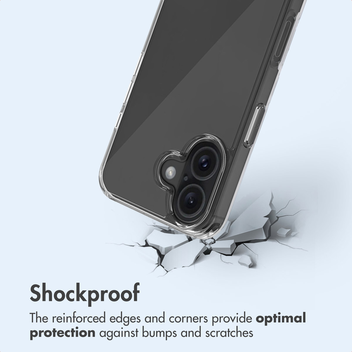 Una funda protectora transparente sobre una superficie agrietada, con texto Shockproof.