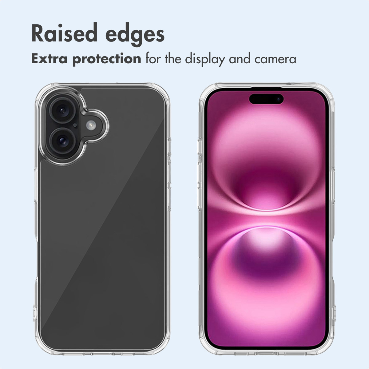 Dos vistas de un smartphone con funda transparente, destacando bordes elevados para la protección de pantalla y cámara.