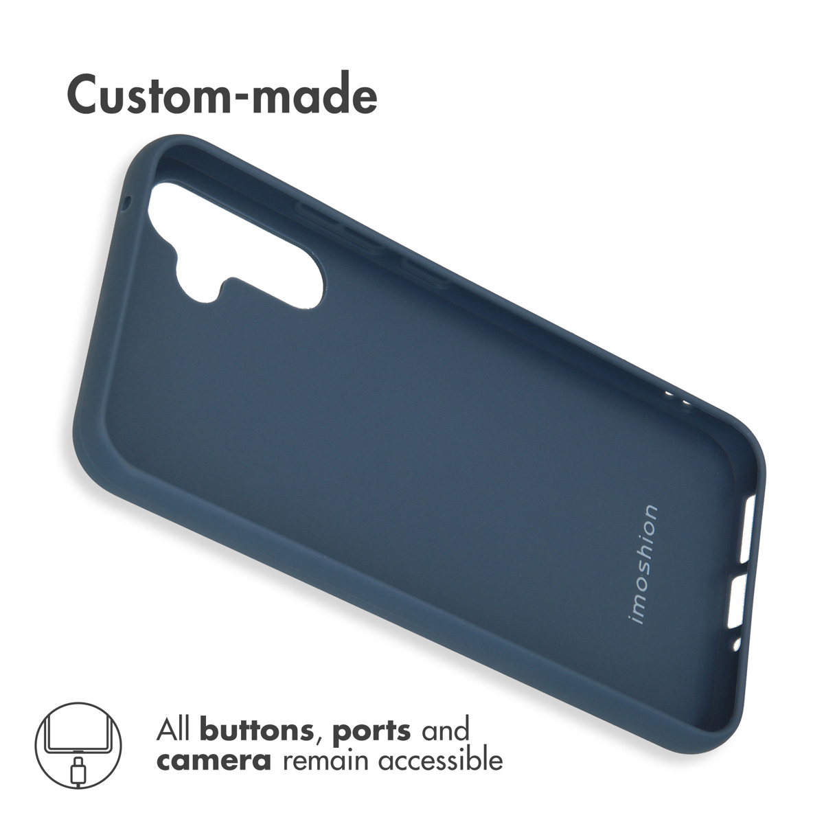 Coque de téléphone en silicone bleu foncé avec des découpes pour l'appareil photo et les ports.