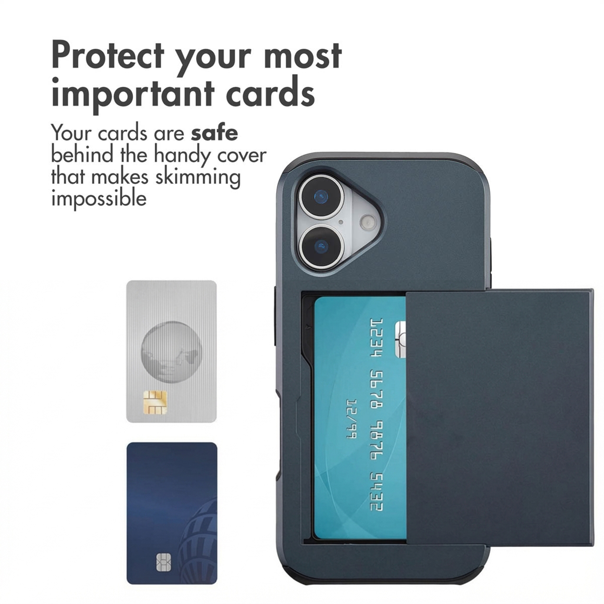 Custodia per smartphone blu con porta carte integrato e cover protettiva, accompagnata da testo e due carte di esempio.
