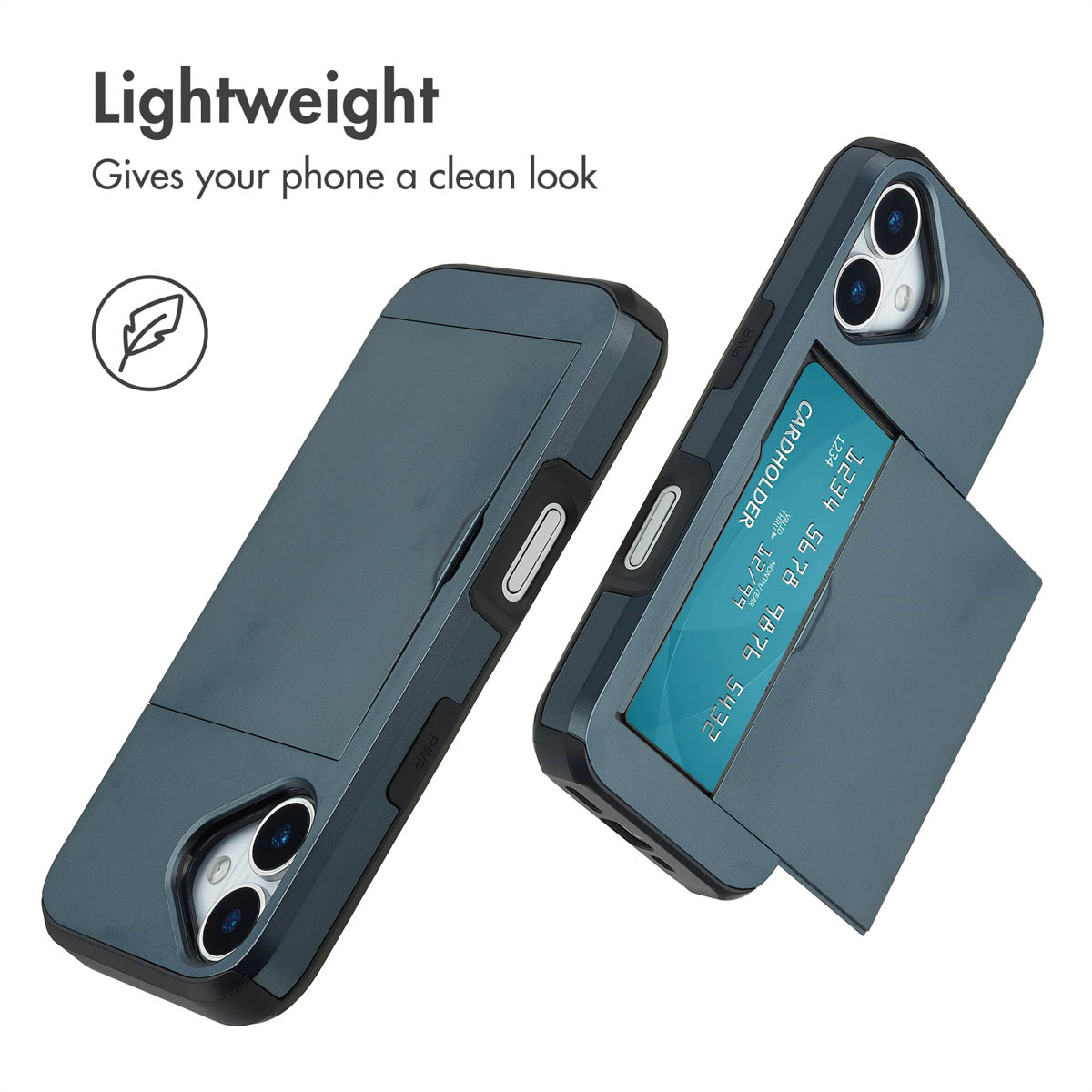 Custodia per telefono blu leggera con porta carte integrato sul retro.