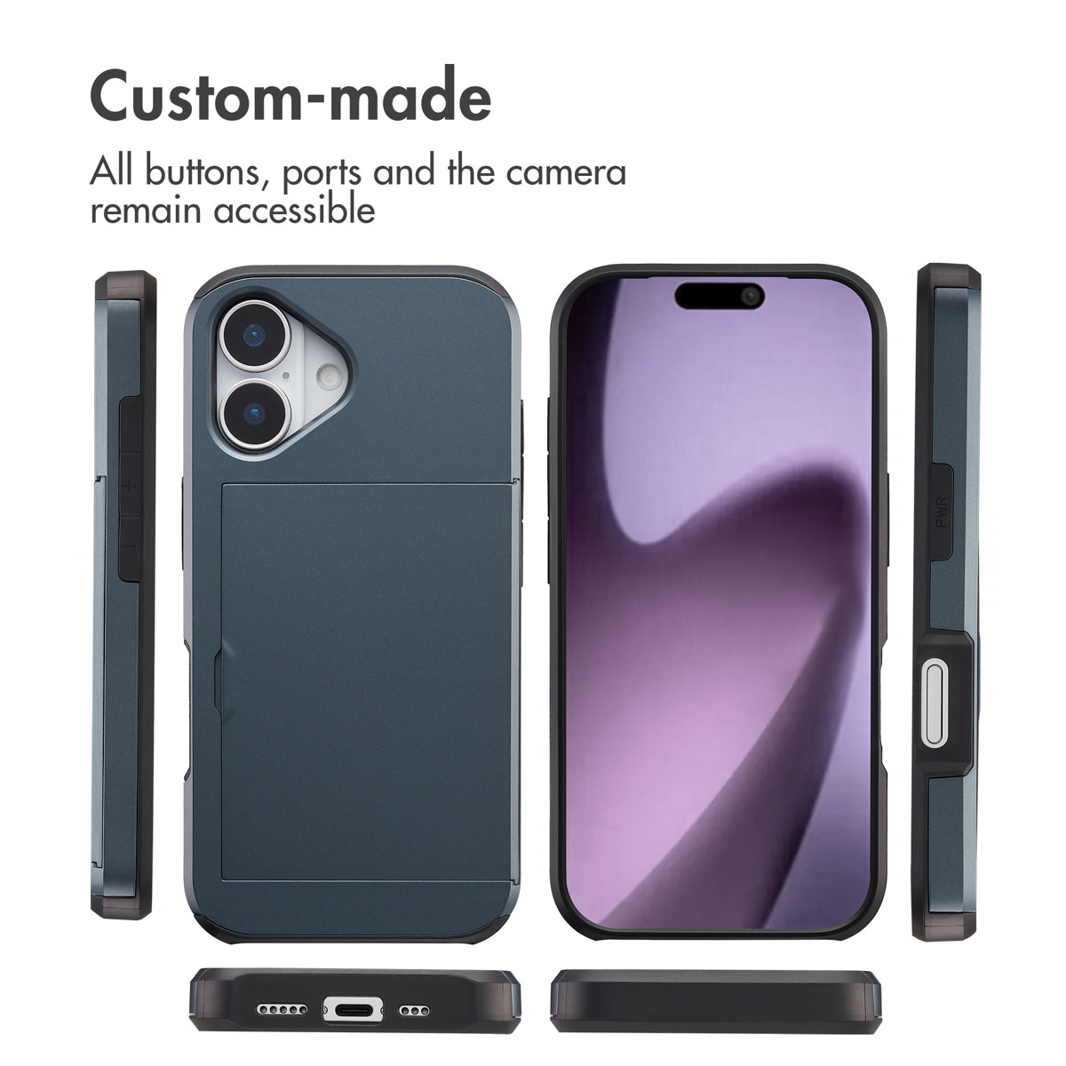 Custodia per smartphone blu mostrata da più angolazioni con pulsanti, porte e fotocamera accessibili.
