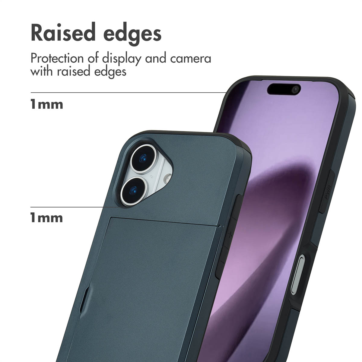 Smartphone in custodia con bordi rialzati di 1 mm per proteggere fotocamera e schermo.