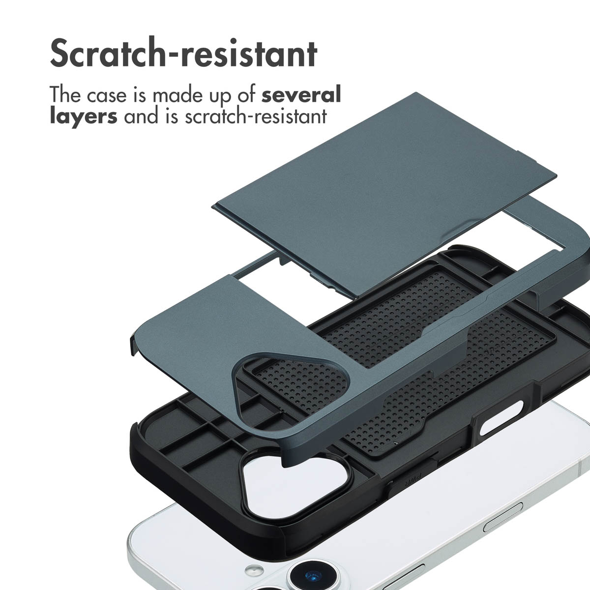 L'immagine mostra il design multistrato di una custodia per telefono antigraffio sopra uno smartphone.