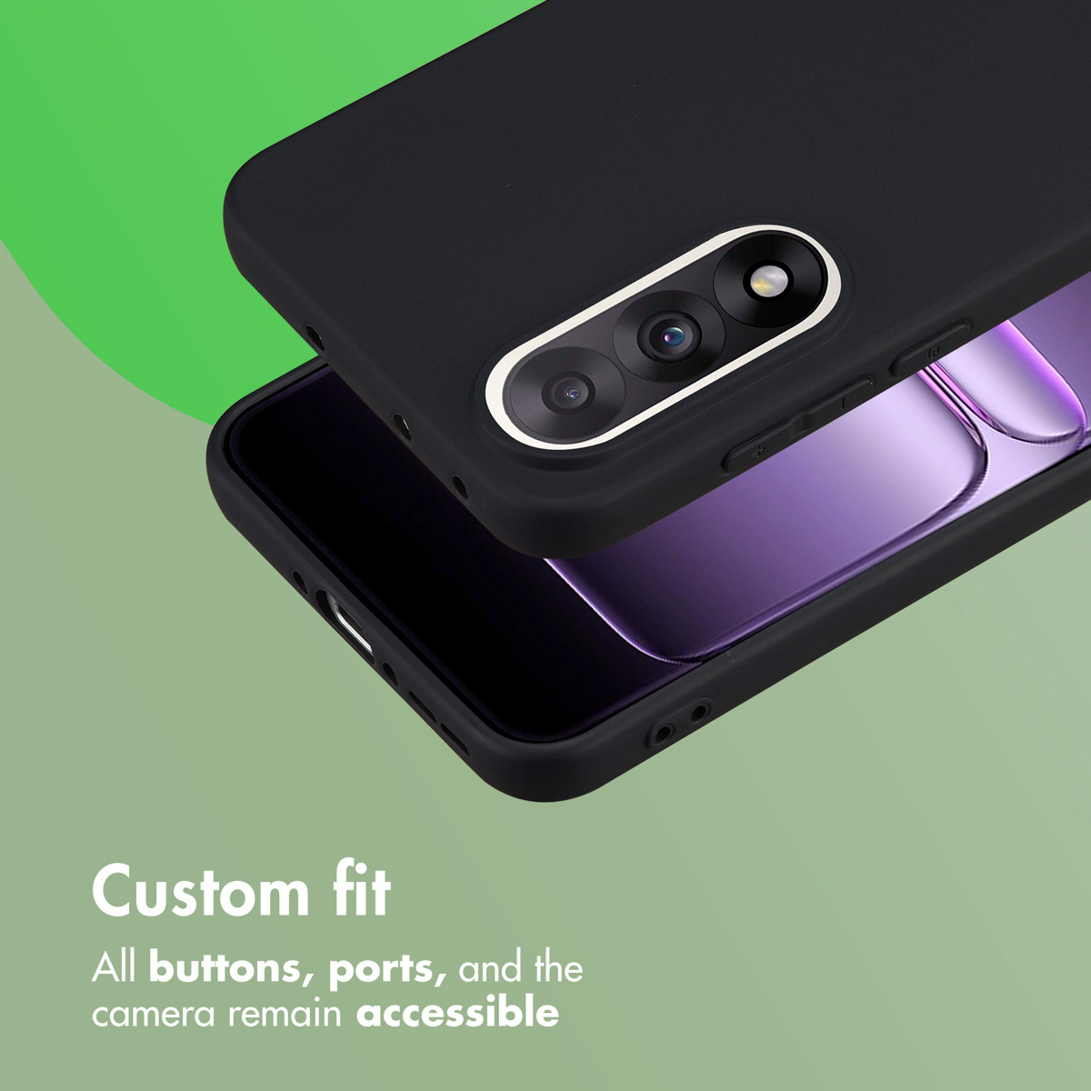 Uno smartphone nero con cover protettiva mostra fotocamera e tasti laterali su sfondo verde.