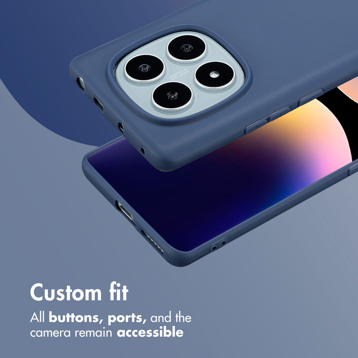 Una funda de smartphone azul con cuatro lentes de cámara muestra la accesibilidad de todos los botones y puertos.