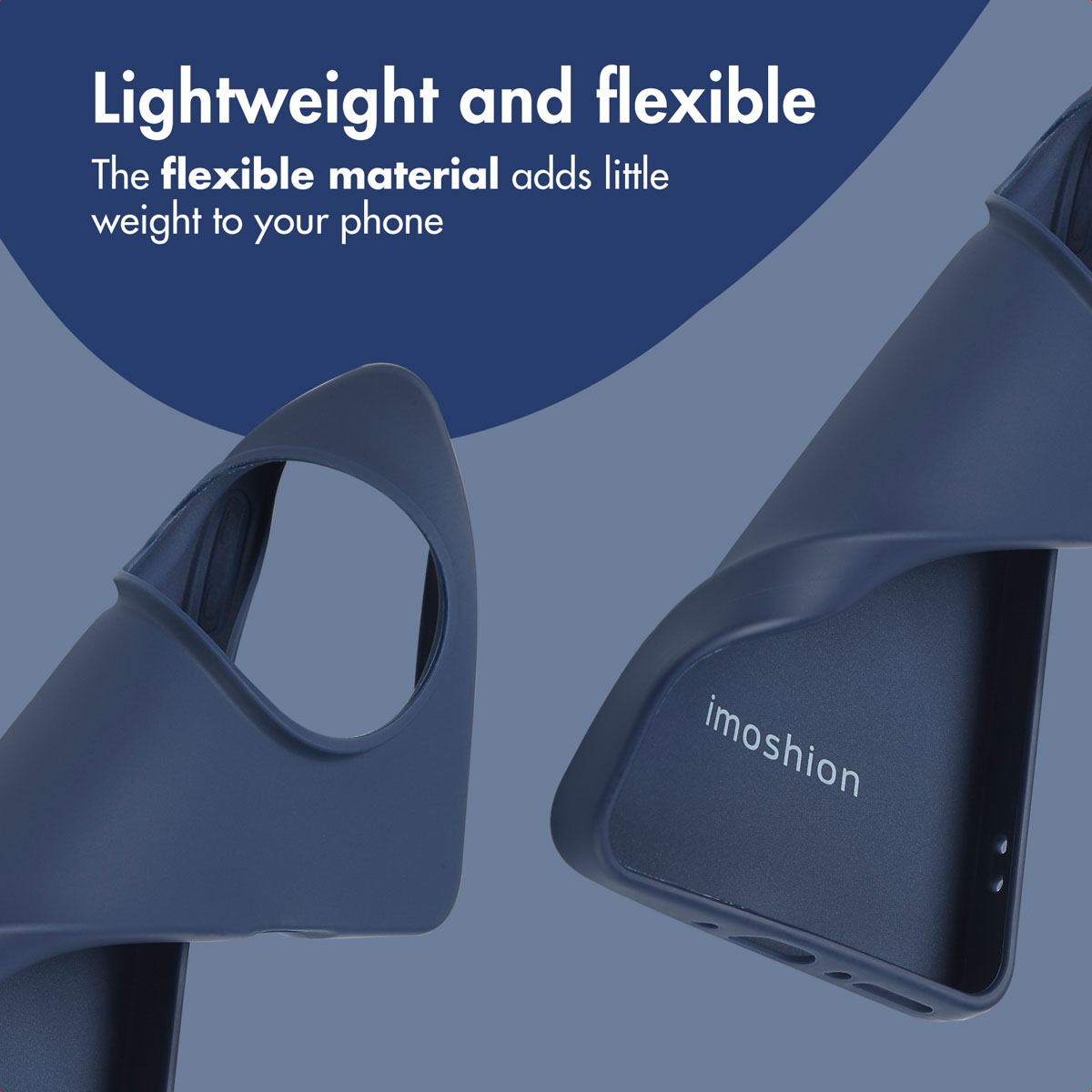 Una funda de móvil azul y flexible con el logotipo imoshion sobre fondo azul y texto publicitario.