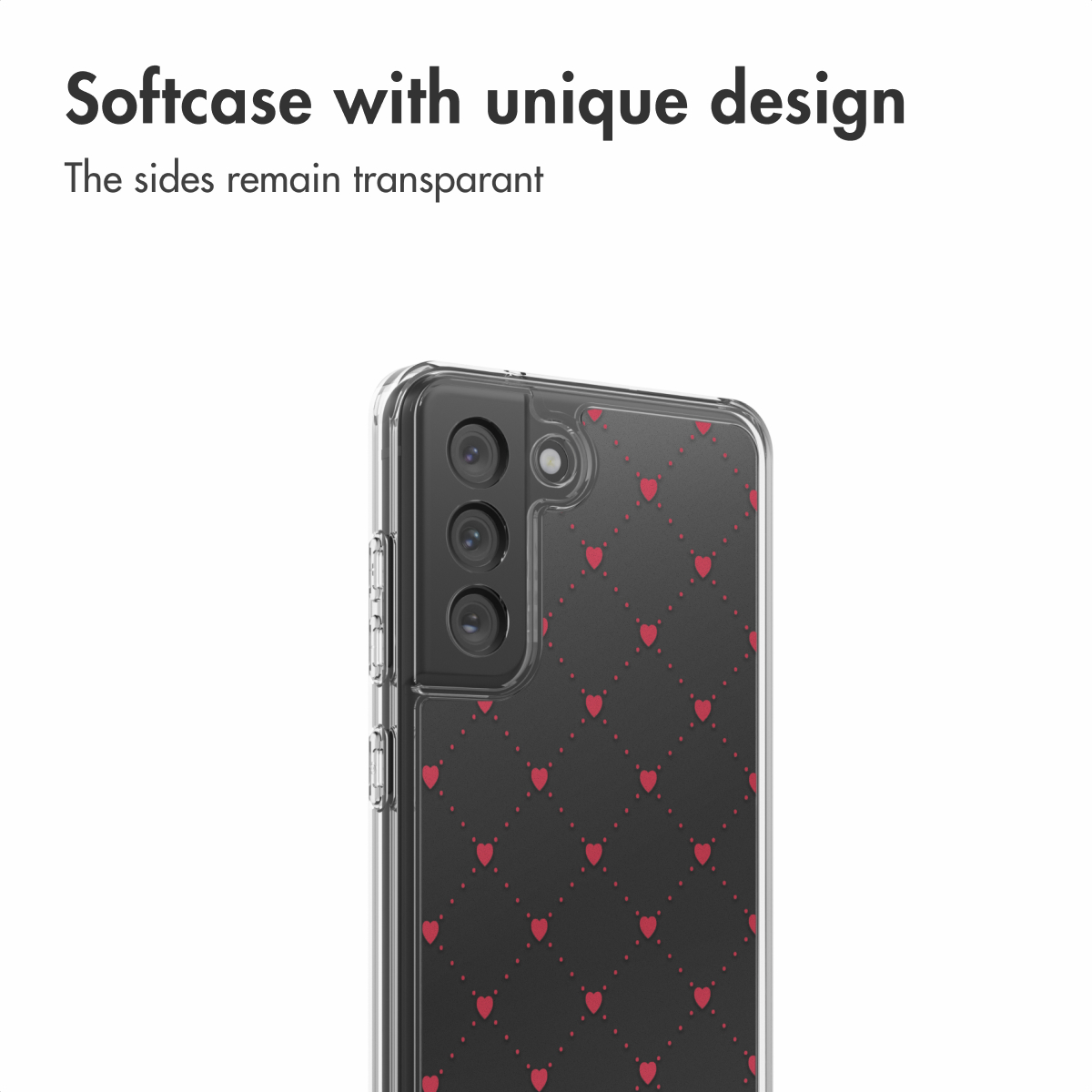 Funda transparente para smartphone con un patrón de corazones rojos sobre fondo negro y abertura para cámara.