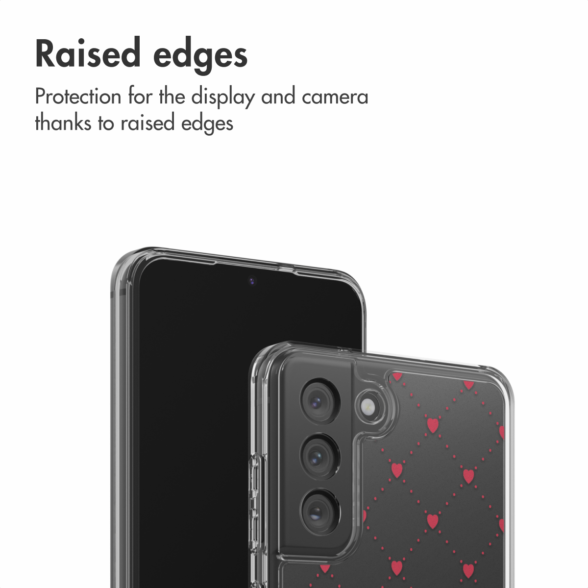 Un teléfono en funda transparente con bordes elevados, mostrando pantalla y cámara.