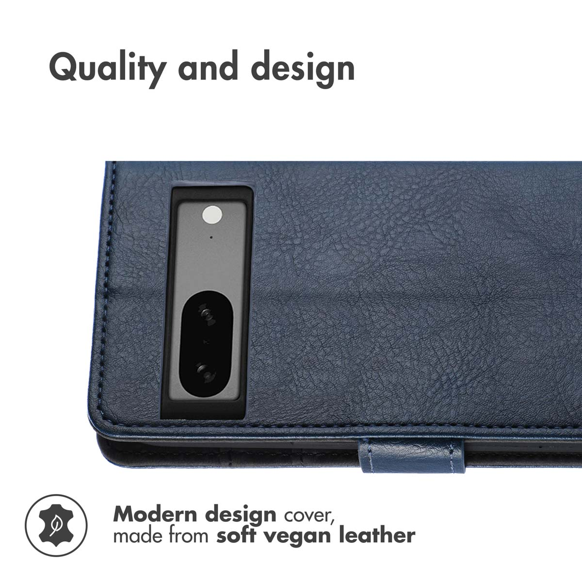 Custodia per telefono in pelle vegana blu con ritaglio per fotocamera e testo.