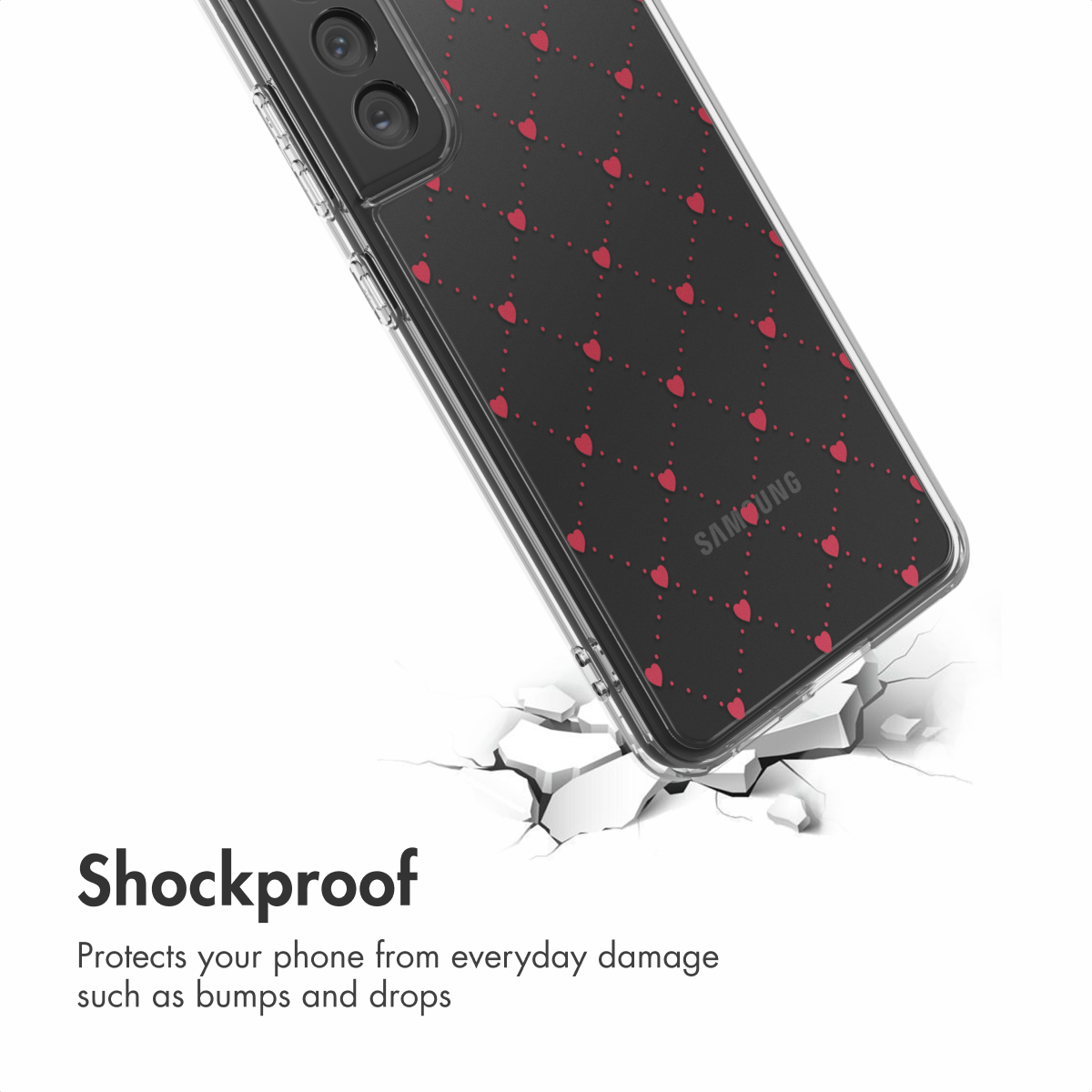 Una funda para teléfono con corazones rojos sobre fondo oscuro, encima de suelo agrietado.